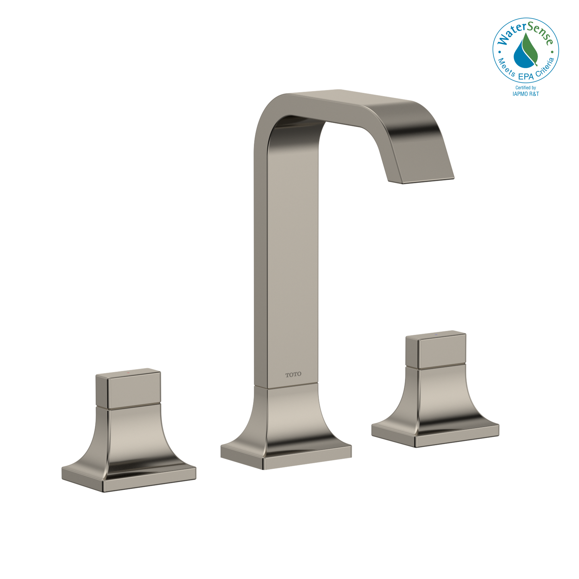 Polished nickel two-handle widespread bathroom sink faucet with curved spout and square base handles.