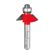 Metal router bit with red bevel cutting head and silver shaft labeled Freud.