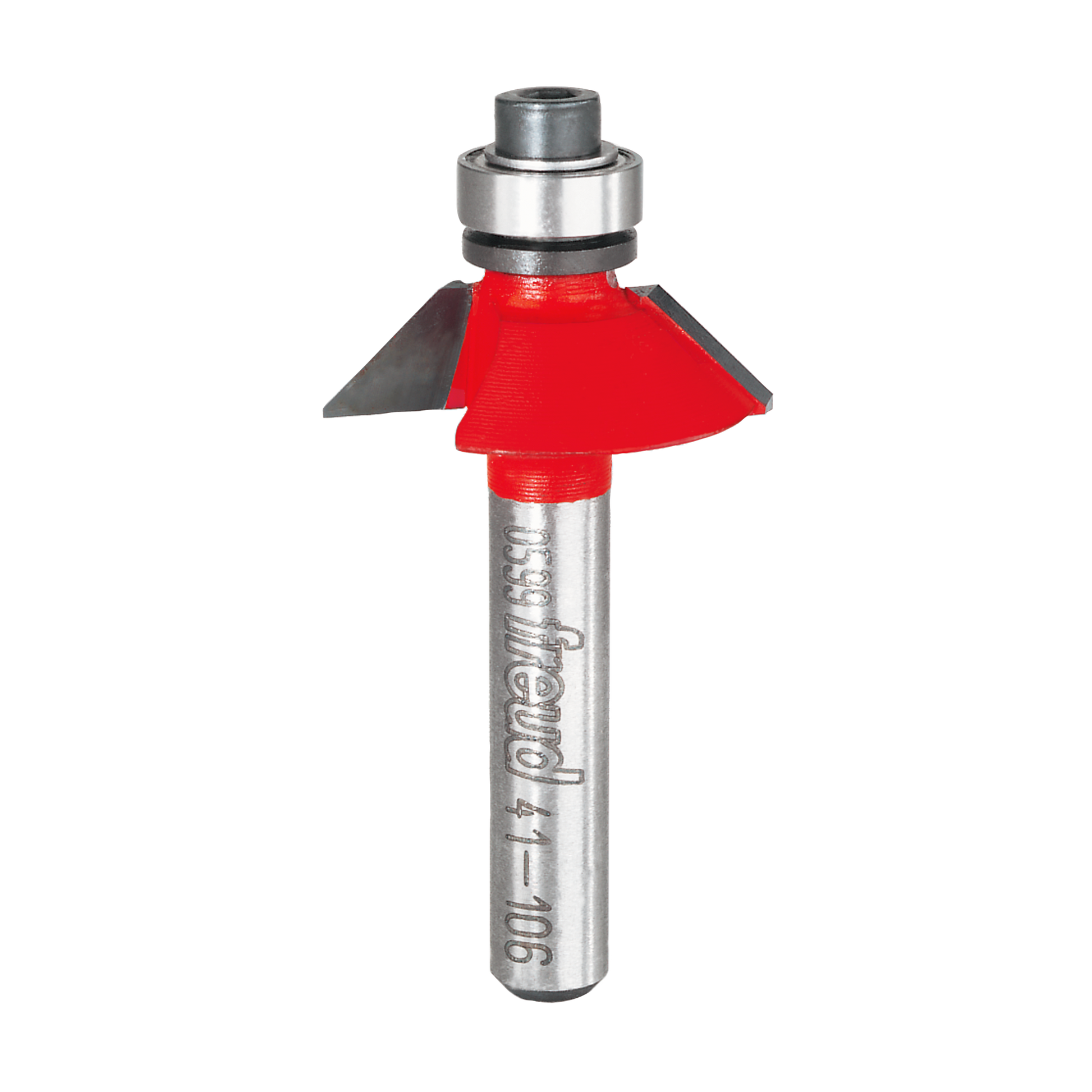 Metal router bit with red bevel cutting head and silver shaft labeled Freud.