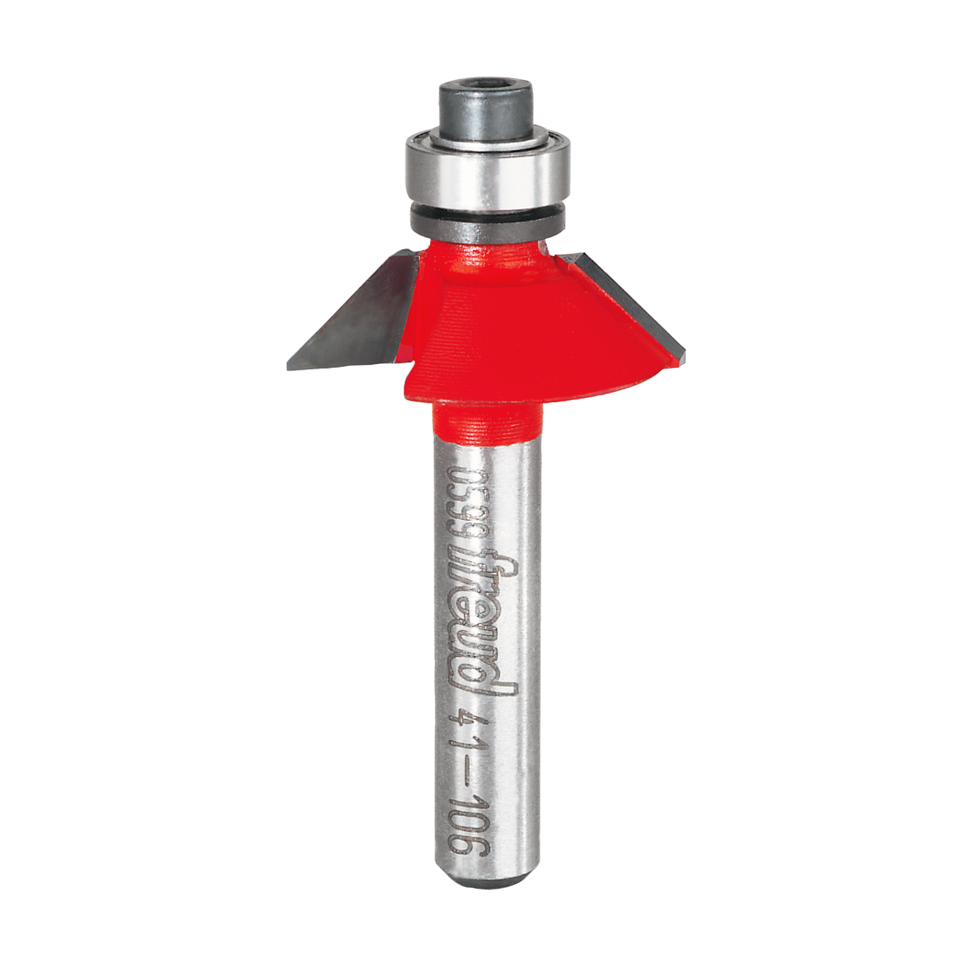 Metal router bit with red bevel cutting head and silver shaft labeled Freud.