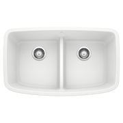 White double undermount kitchen sink with two equal basins and low divider, viewed from above.