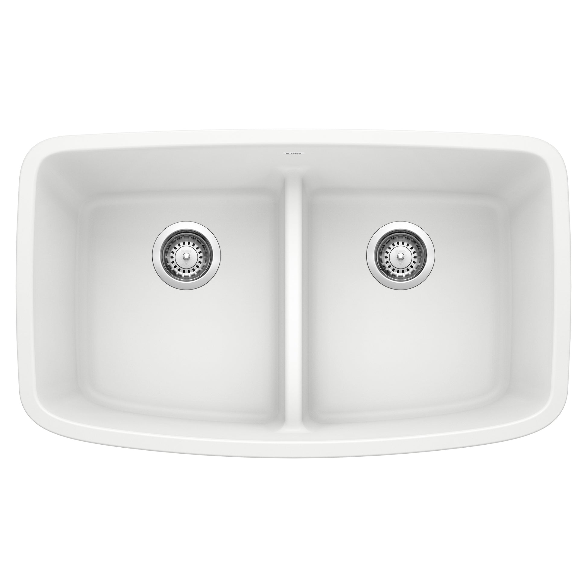 White double undermount kitchen sink with two equal basins and low divider, viewed from above.