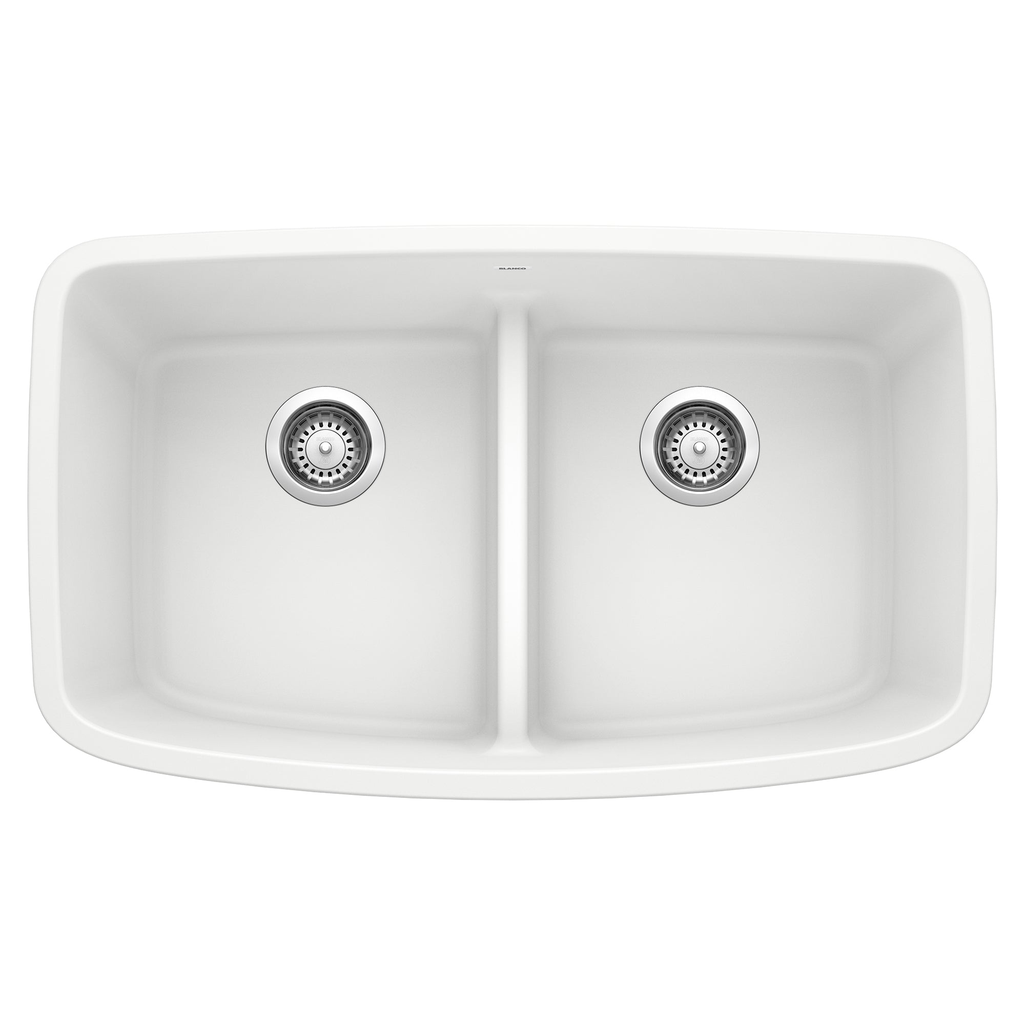 White double undermount kitchen sink with two equal basins and low divider, viewed from above.