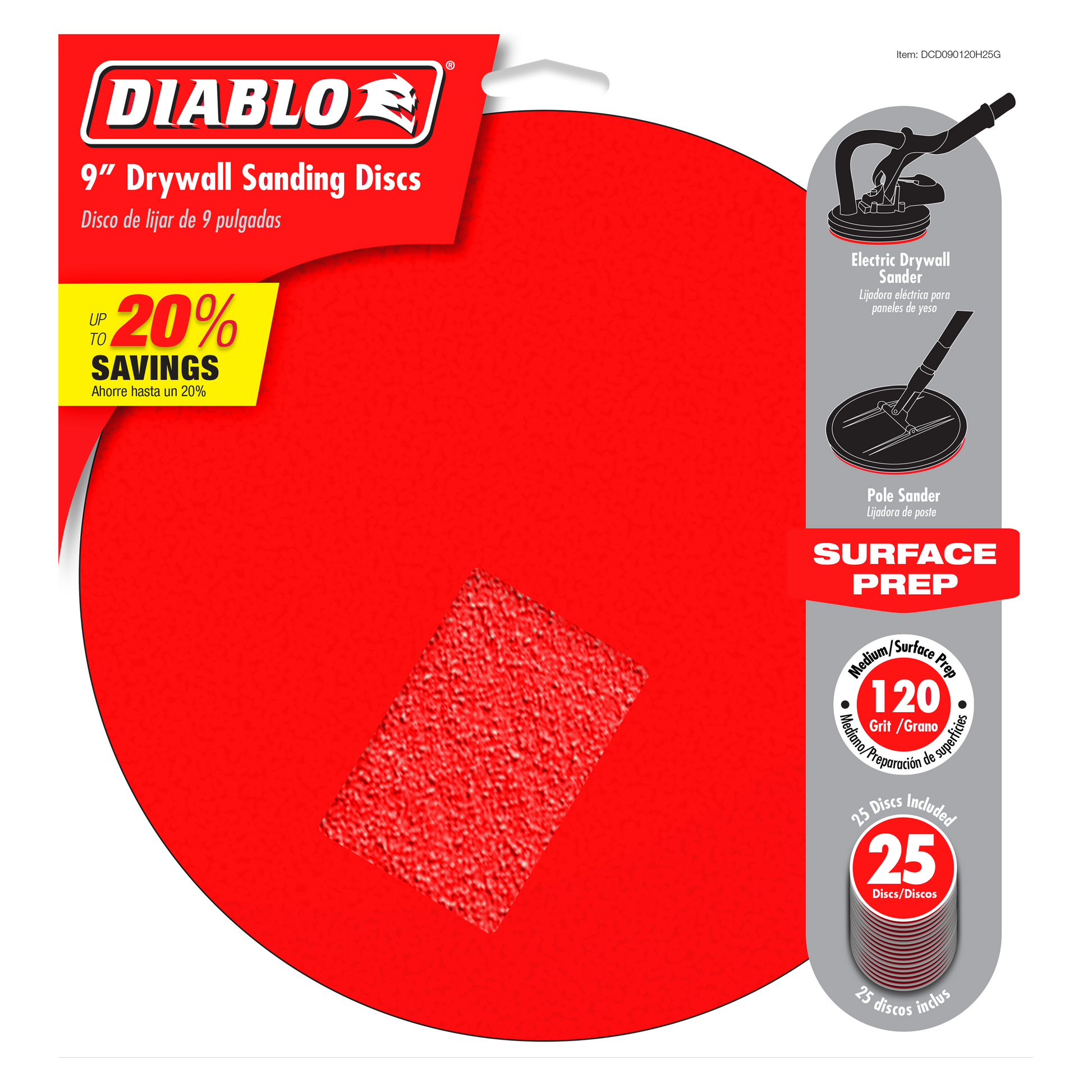 9-inch round sanding disc with red textured surface and hook-and-loop backing for drywall work.