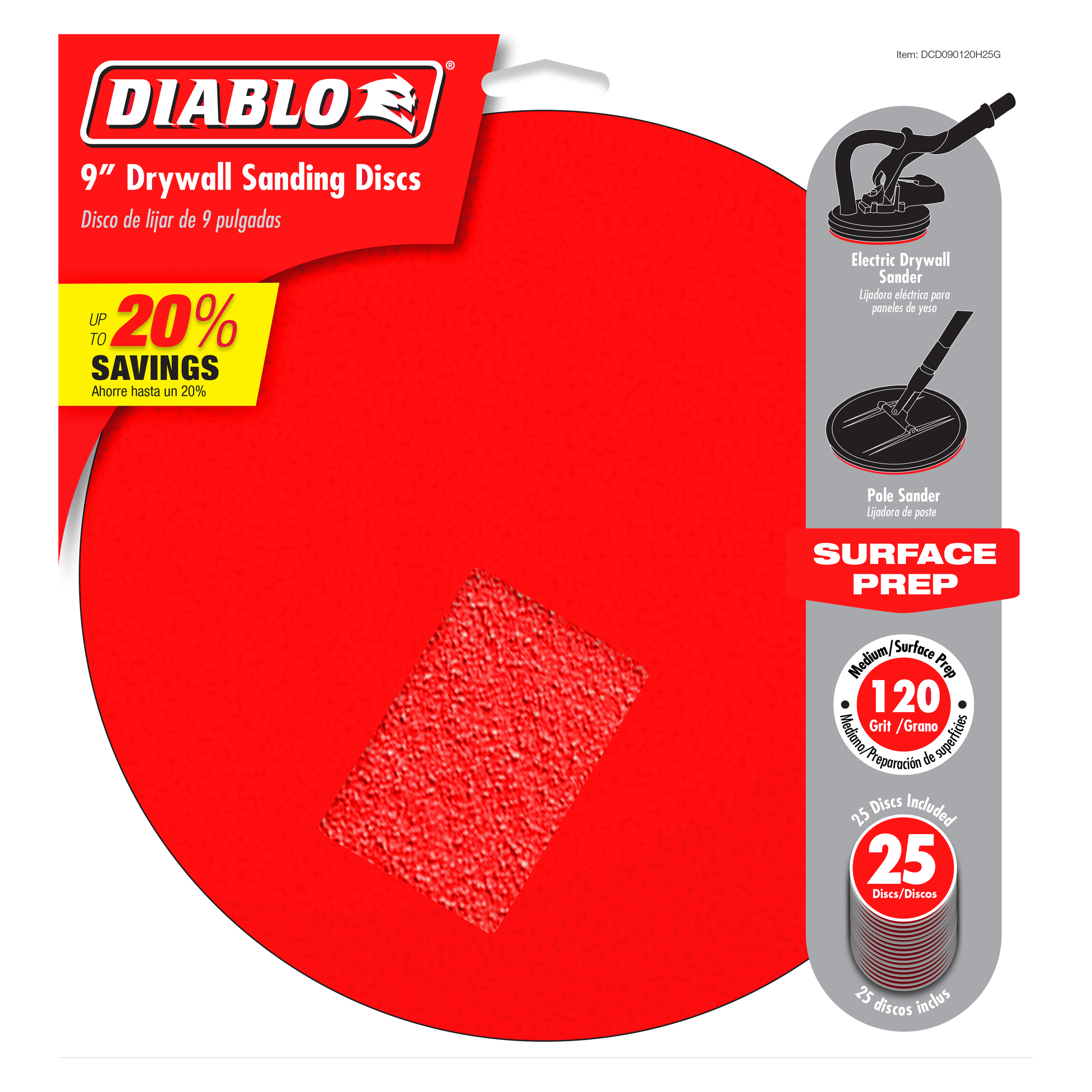 9-inch round sanding disc with red textured surface and hook-and-loop backing for drywall work.