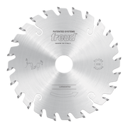 Silver circular saw blade with conical scoring teeth and center hole, marked Freud and made in Italy.