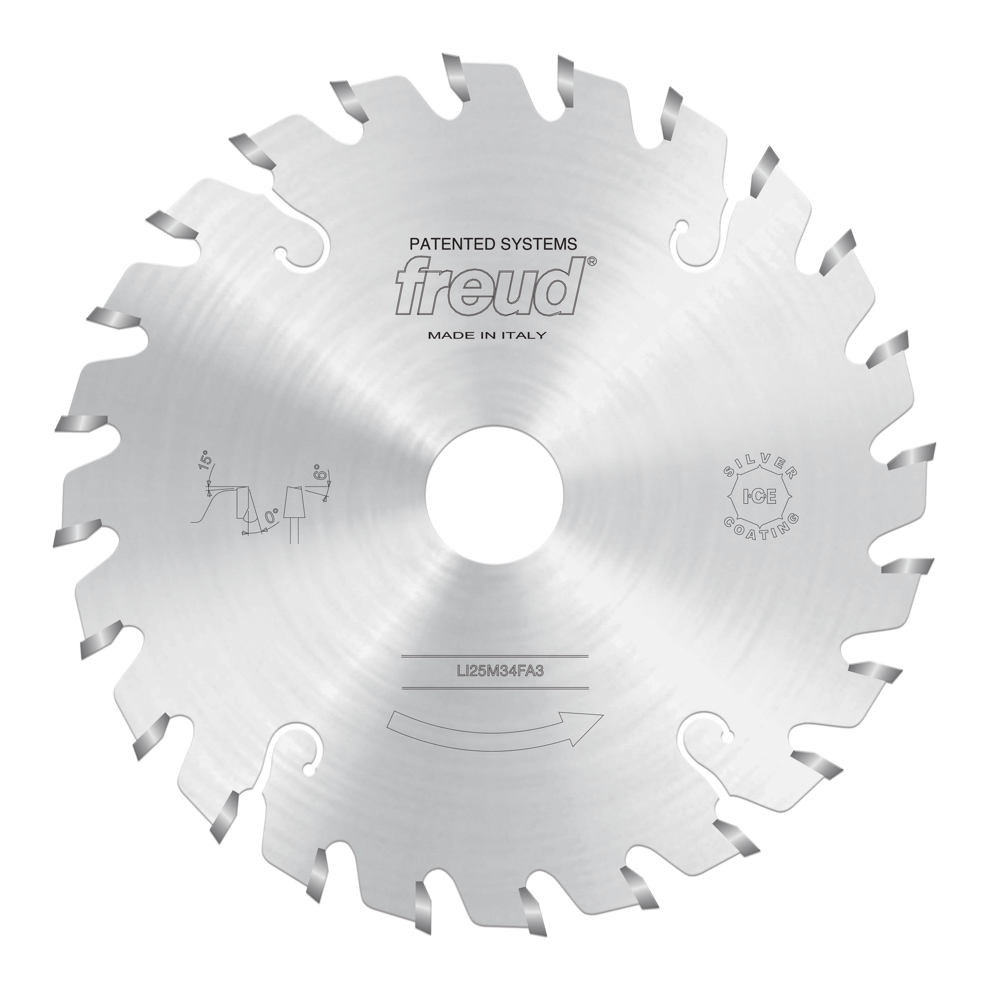 Silver circular saw blade with conical scoring teeth and center hole, marked Freud and made in Italy.