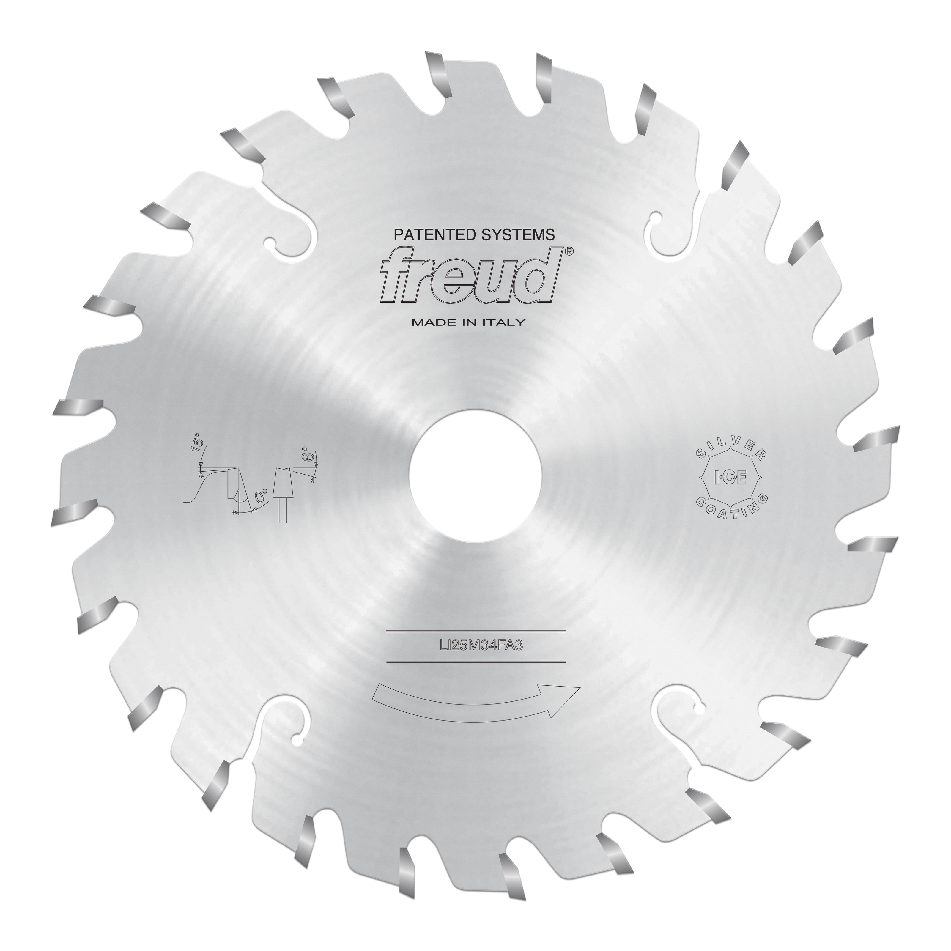 Silver circular saw blade with conical scoring teeth and center hole, marked Freud and made in Italy.