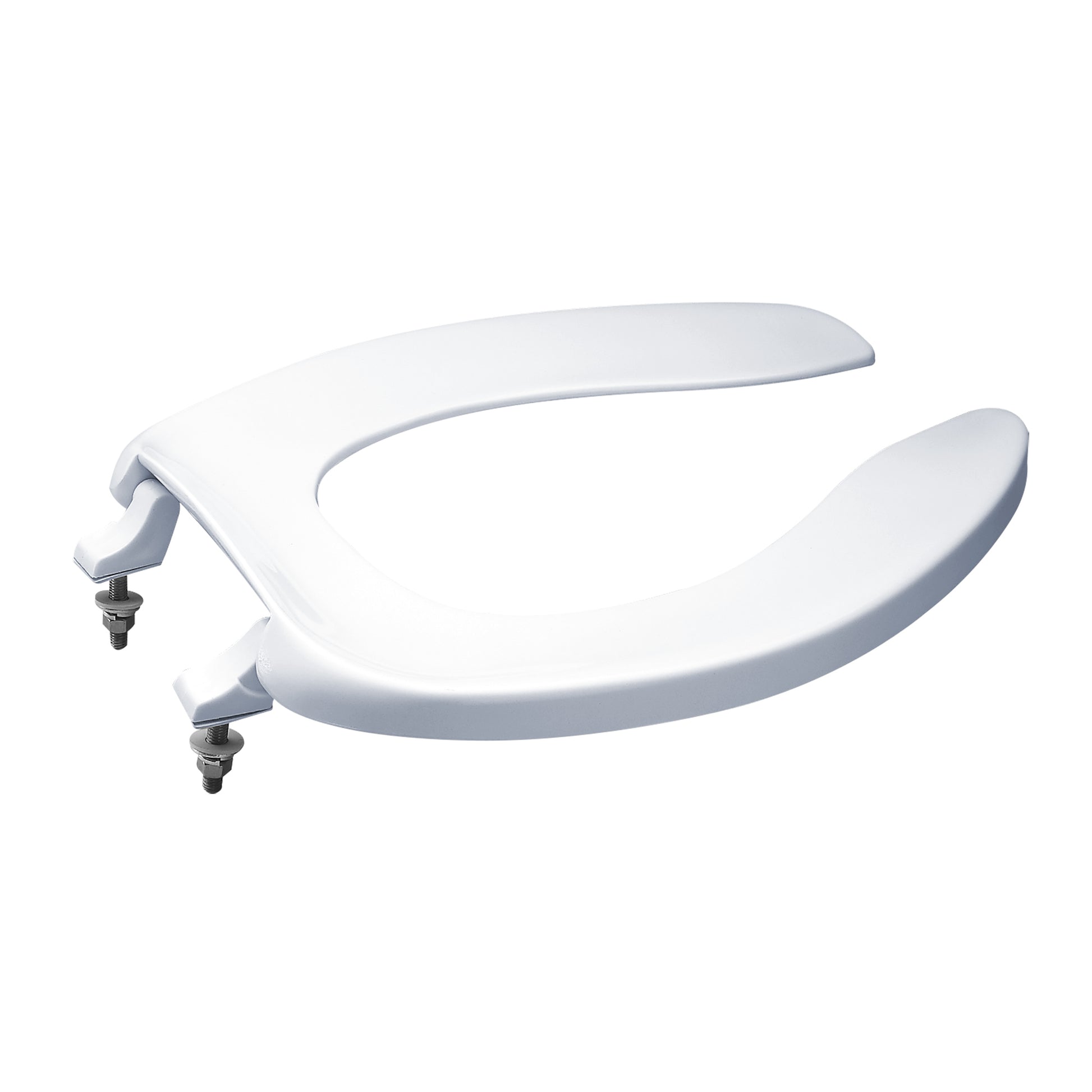 Two white elongated open front toilet seats with mounting hardware, no lid included.