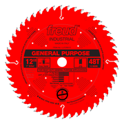 Red circular saw blade with 48 teeth, 12-inch diameter, 1⅜-inch arbor, marked for general purpose cutting.