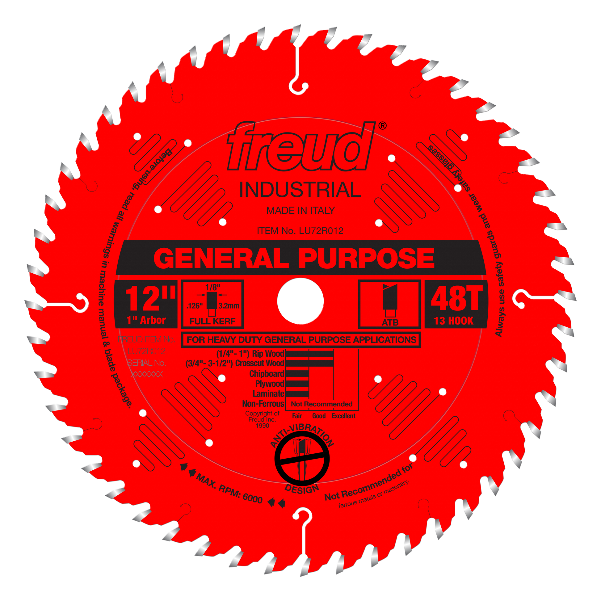 Red circular saw blade with 48 teeth, 12-inch diameter, 1⅜-inch arbor, marked for general purpose cutting.