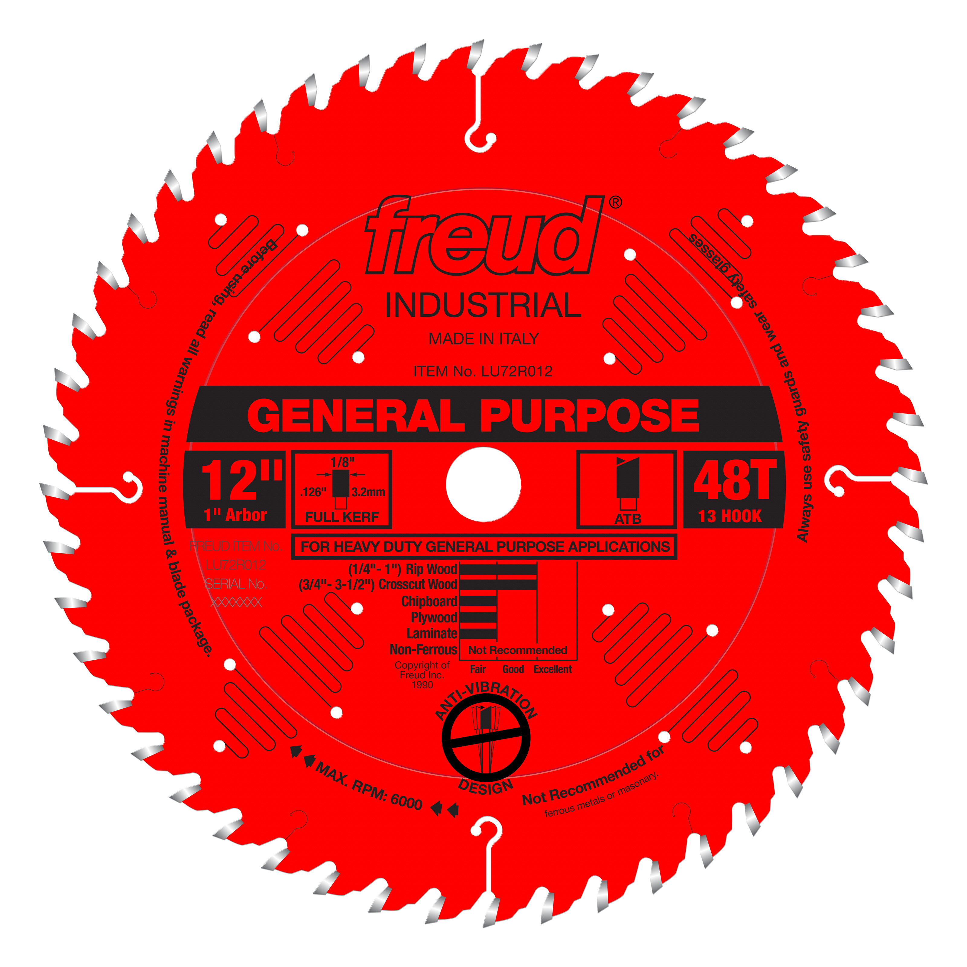 Red circular saw blade with 48 teeth, 12-inch diameter, 1⅜-inch arbor, marked for general purpose cutting.