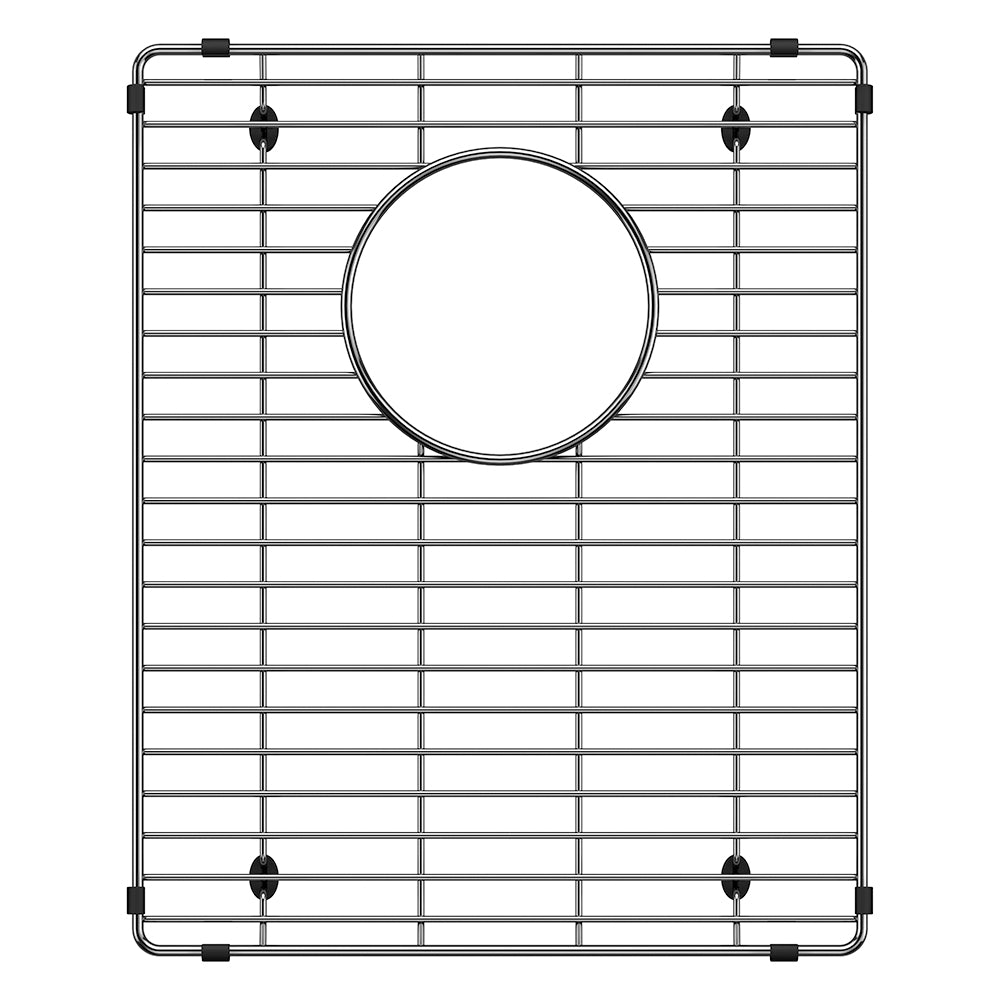 Stainless steel grid with horizontal and vertical bars, circular drain opening in center, and four black rubber feet at corne