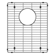 Stainless steel grid with horizontal and vertical bars, circular drain opening in center, and four black rubber feet at corne