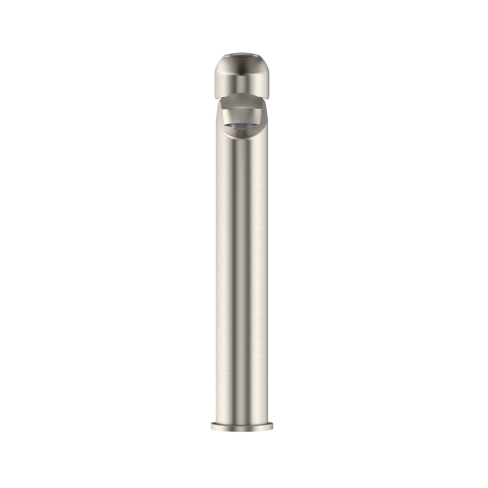 Brushed nickel single-handle bathroom sink faucet with tall cylindrical spout and rounded cap top.