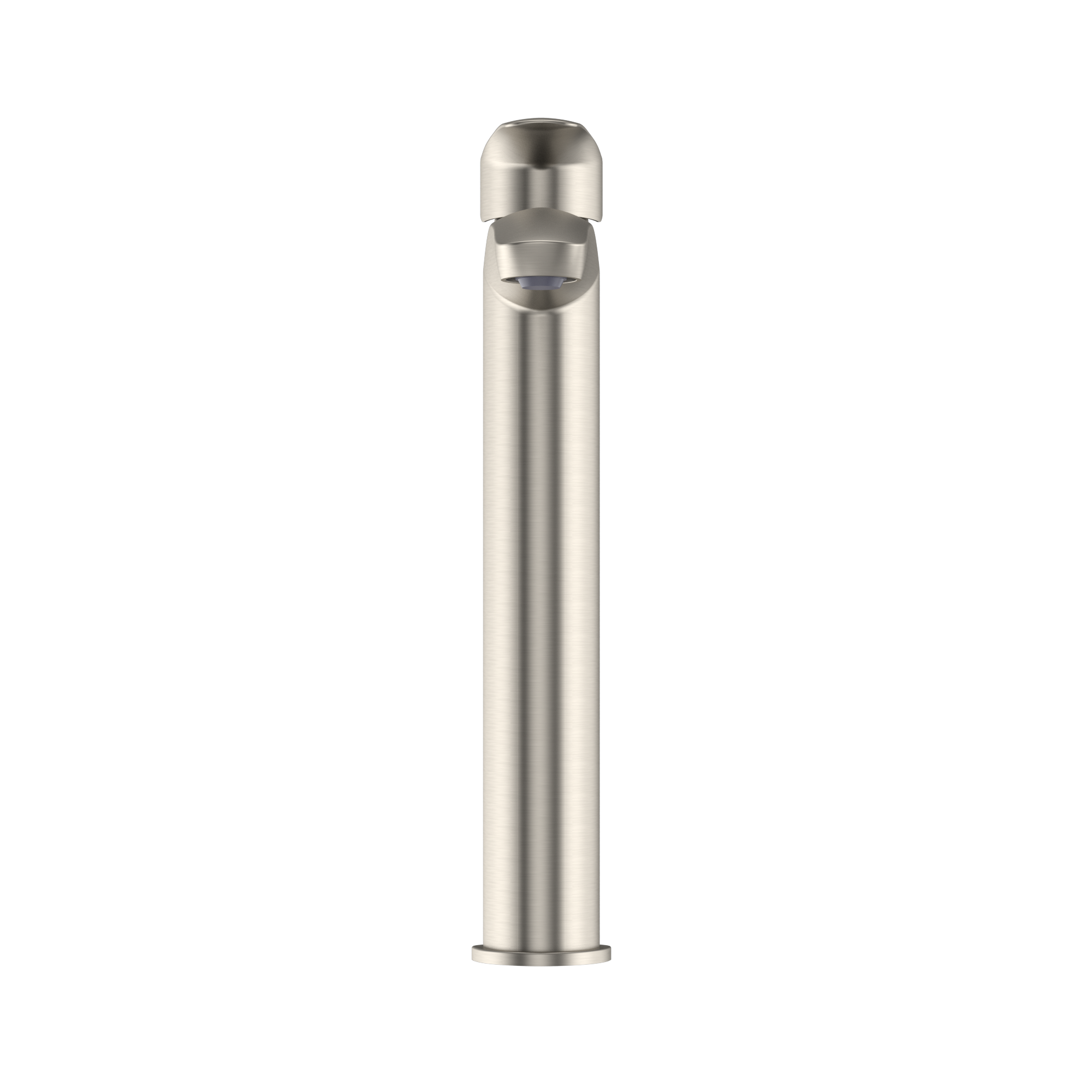 Brushed nickel single-handle bathroom sink faucet with tall cylindrical spout and rounded cap top.