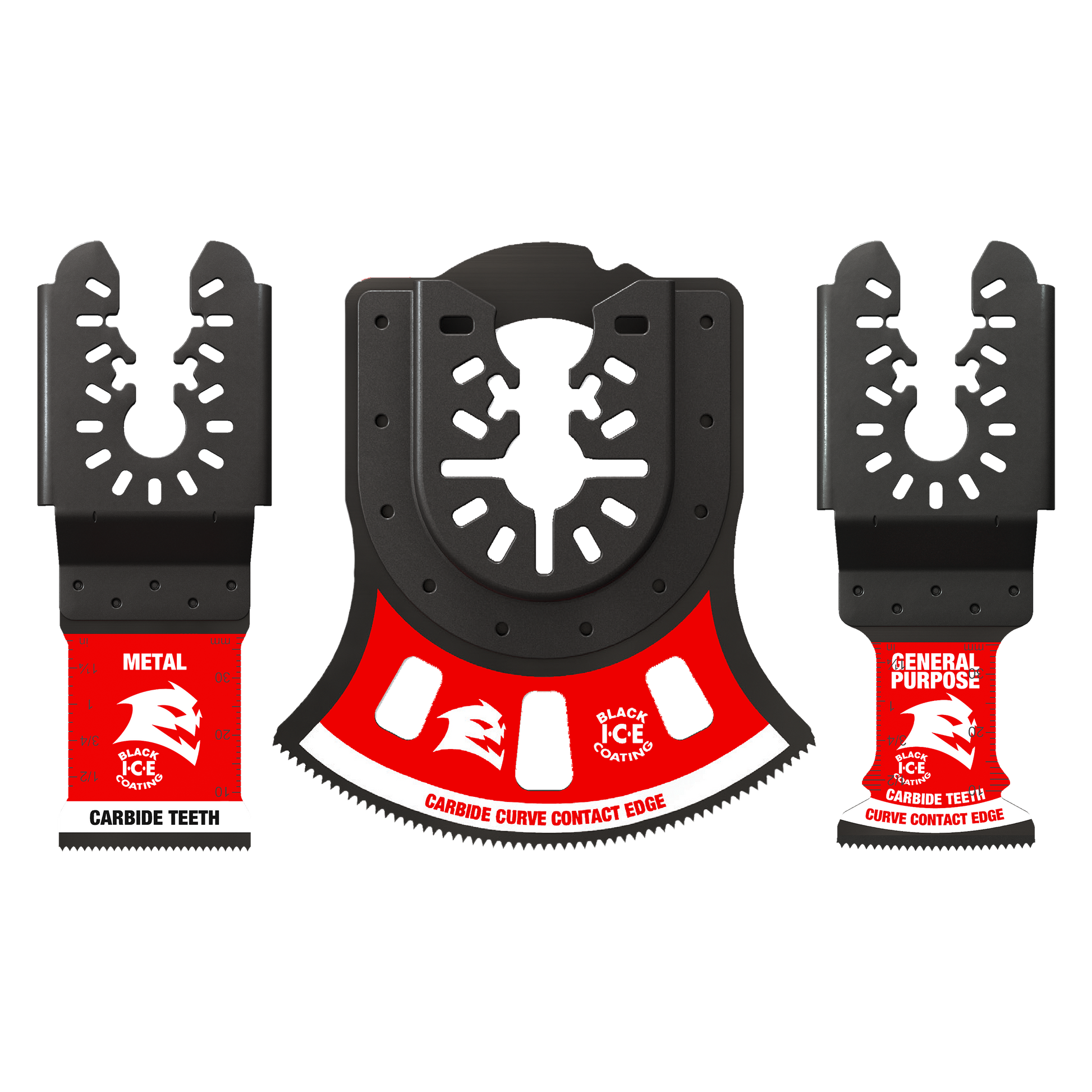 Three black oscillating blades with carbide teeth and red labels for metal, general purpose, and curve cutting applications.