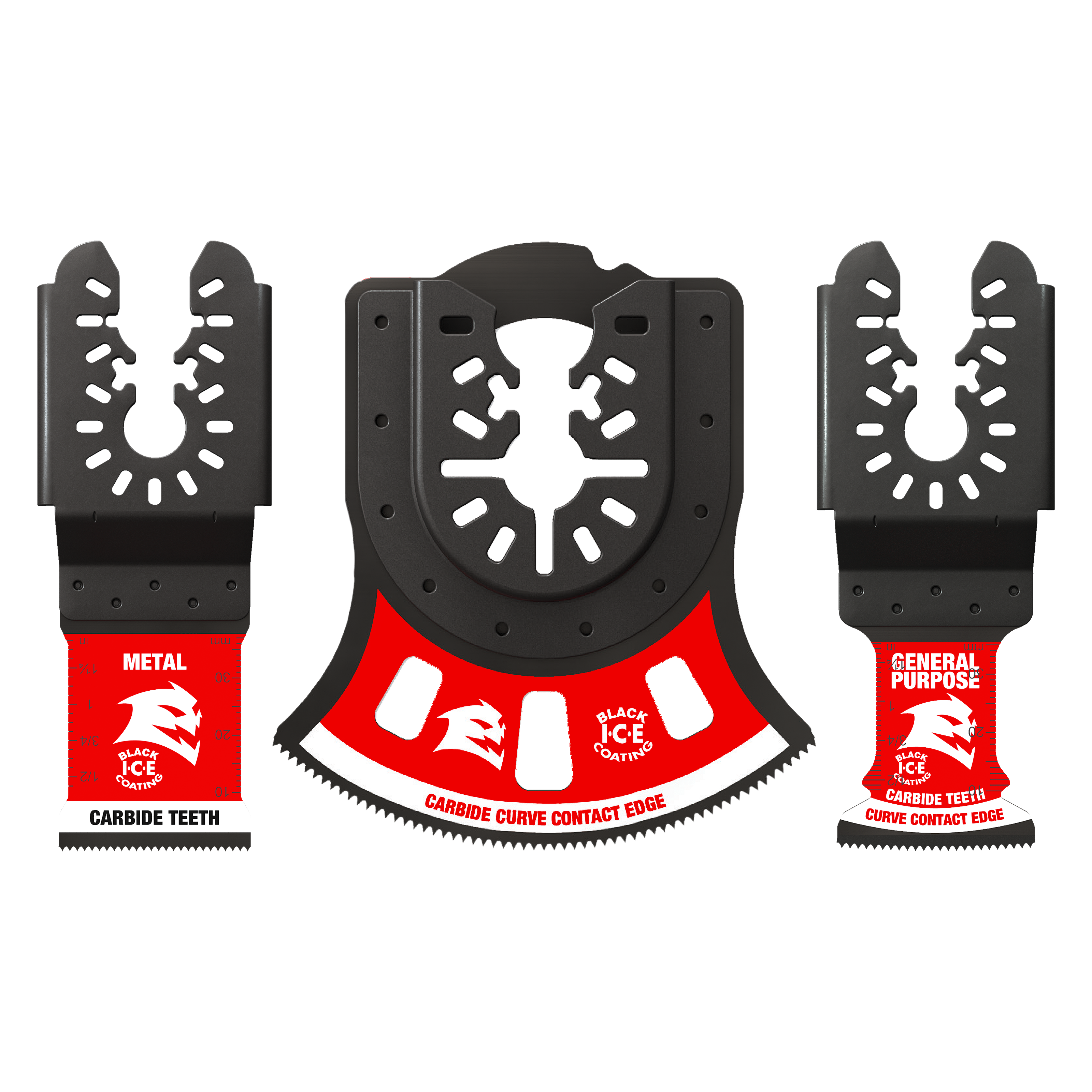 Three black oscillating blades with carbide teeth and red labels for metal, general purpose, and curve cutting applications.