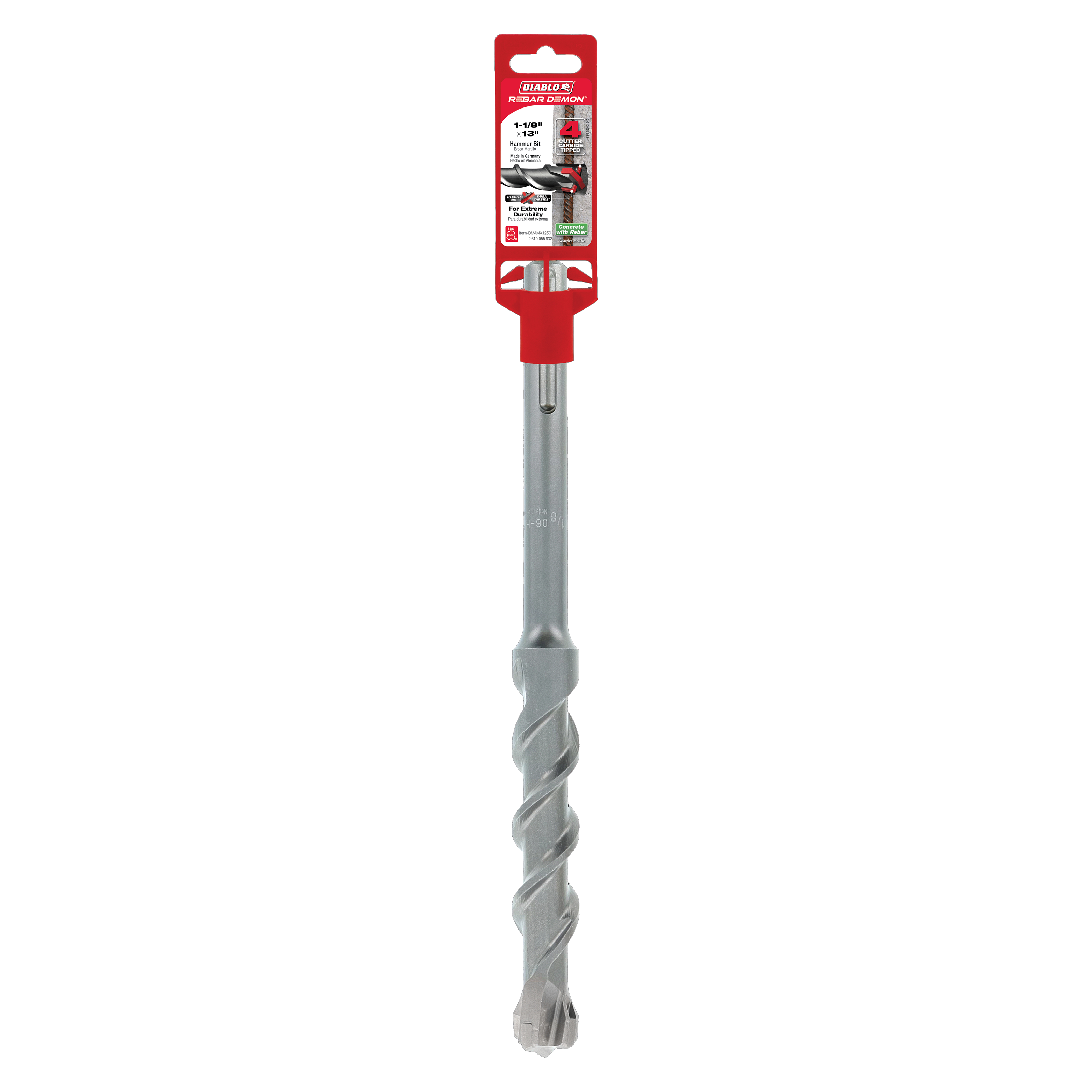 Diablo DMAMX1250 1-1/8 in. x 8 in. x 13 in. Rebar Demon SDS-Max 4-Cutter Full Carbide Head Hammer Drill Bit - 10 Pack