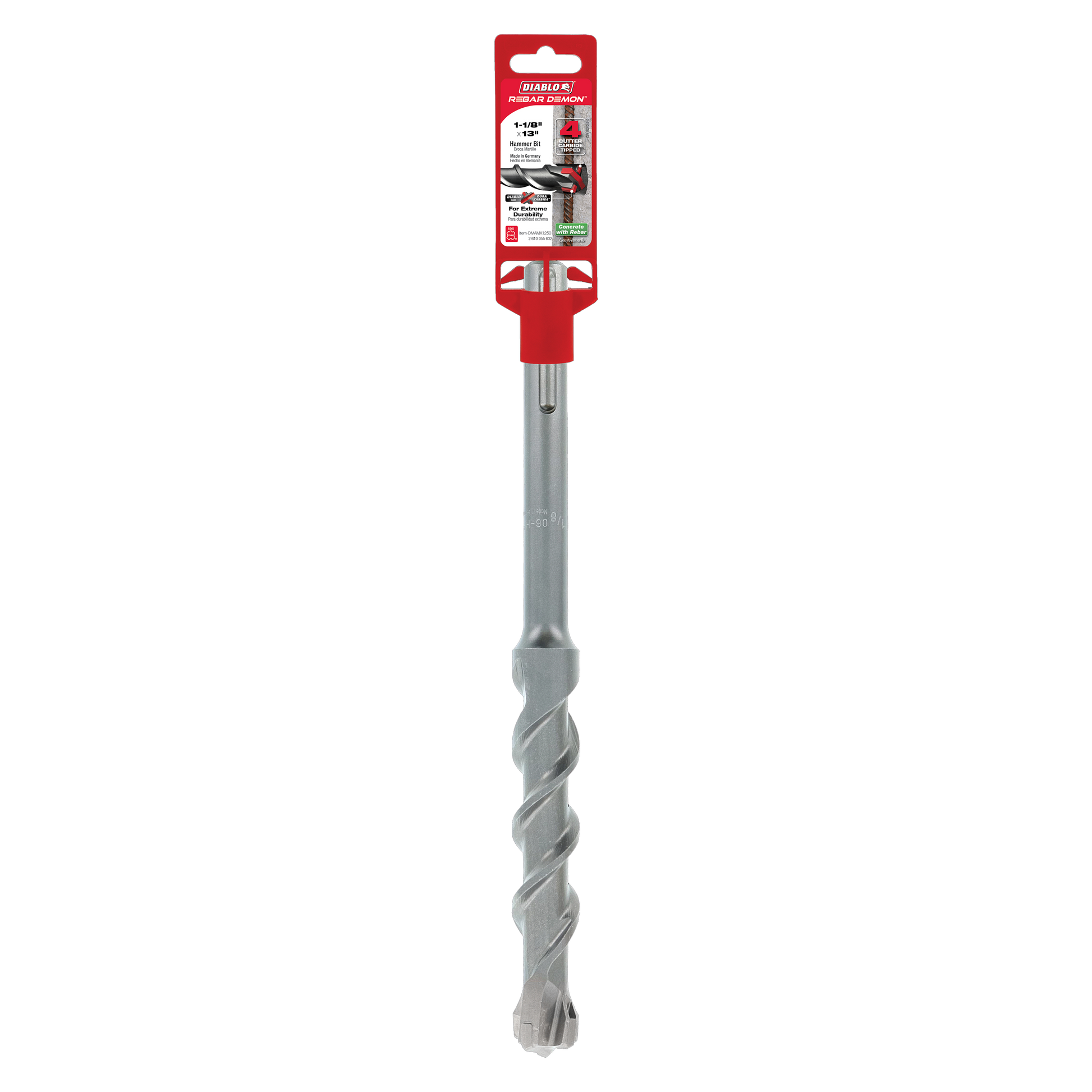 Diablo SDS-Max hammer drill bit with red collar, gray fluted shaft, and carbide cutting head for rebar drilling.