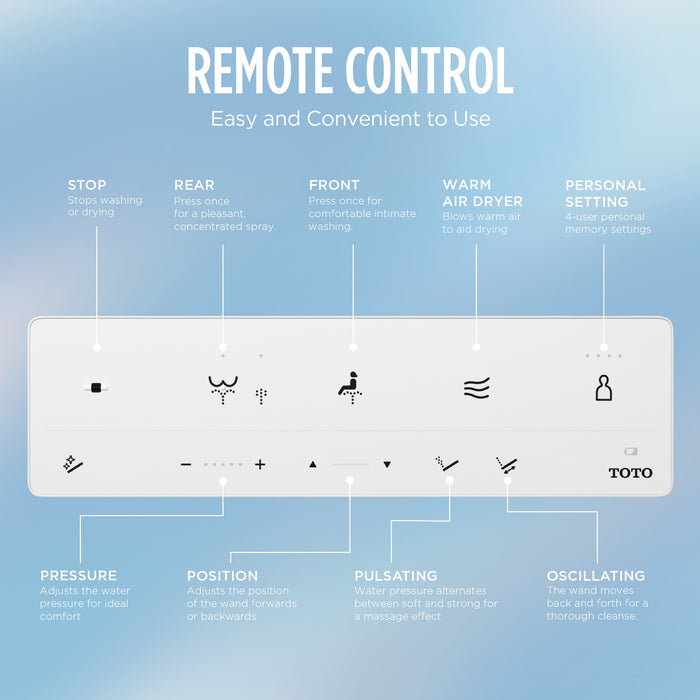 White elongated two-piece toilet with integrated bidet seat and white remote control displaying function buttons.