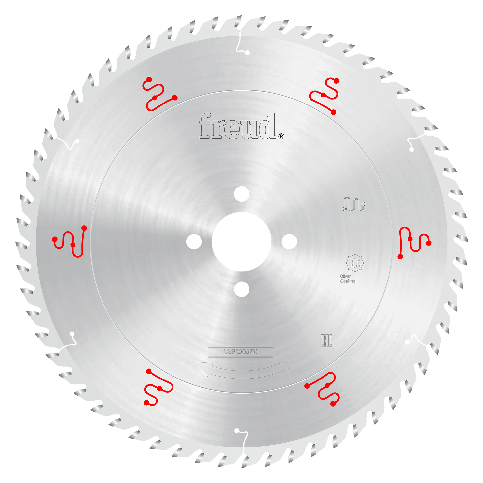 Silver circular saw blade with multiple teeth around perimeter, central mounting holes, Freud branding, and red marking symbo