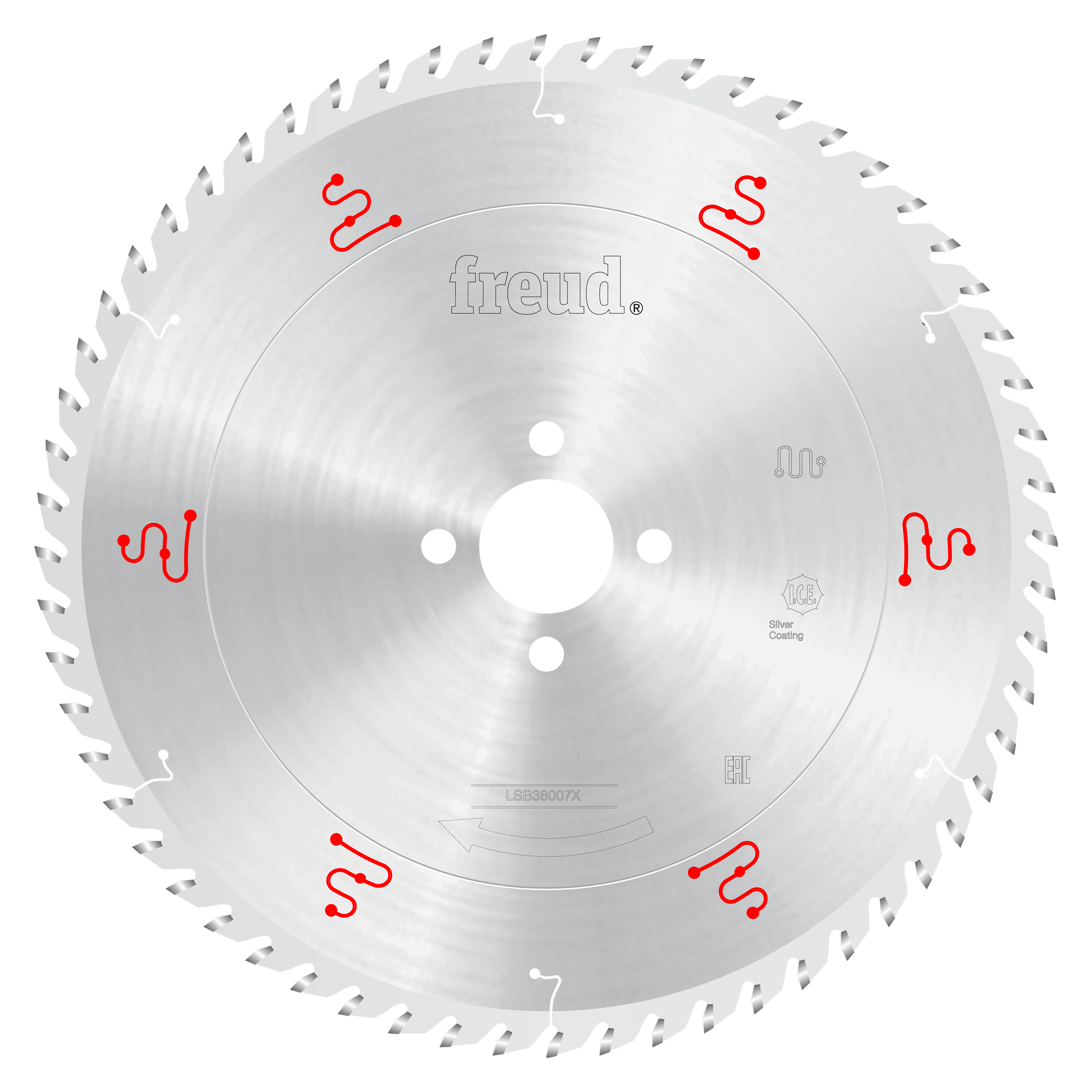 Silver circular saw blade with multiple teeth around perimeter, central mounting holes, Freud branding, and red marking symbo