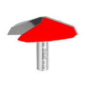Red and gray French Provincial raised panel router bit with metal shank and engraved branding.