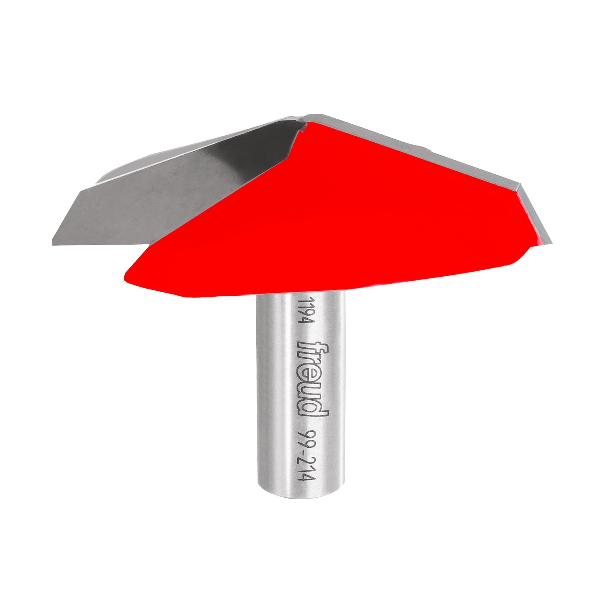 Red and gray French Provincial raised panel router bit with metal shank and engraved branding.