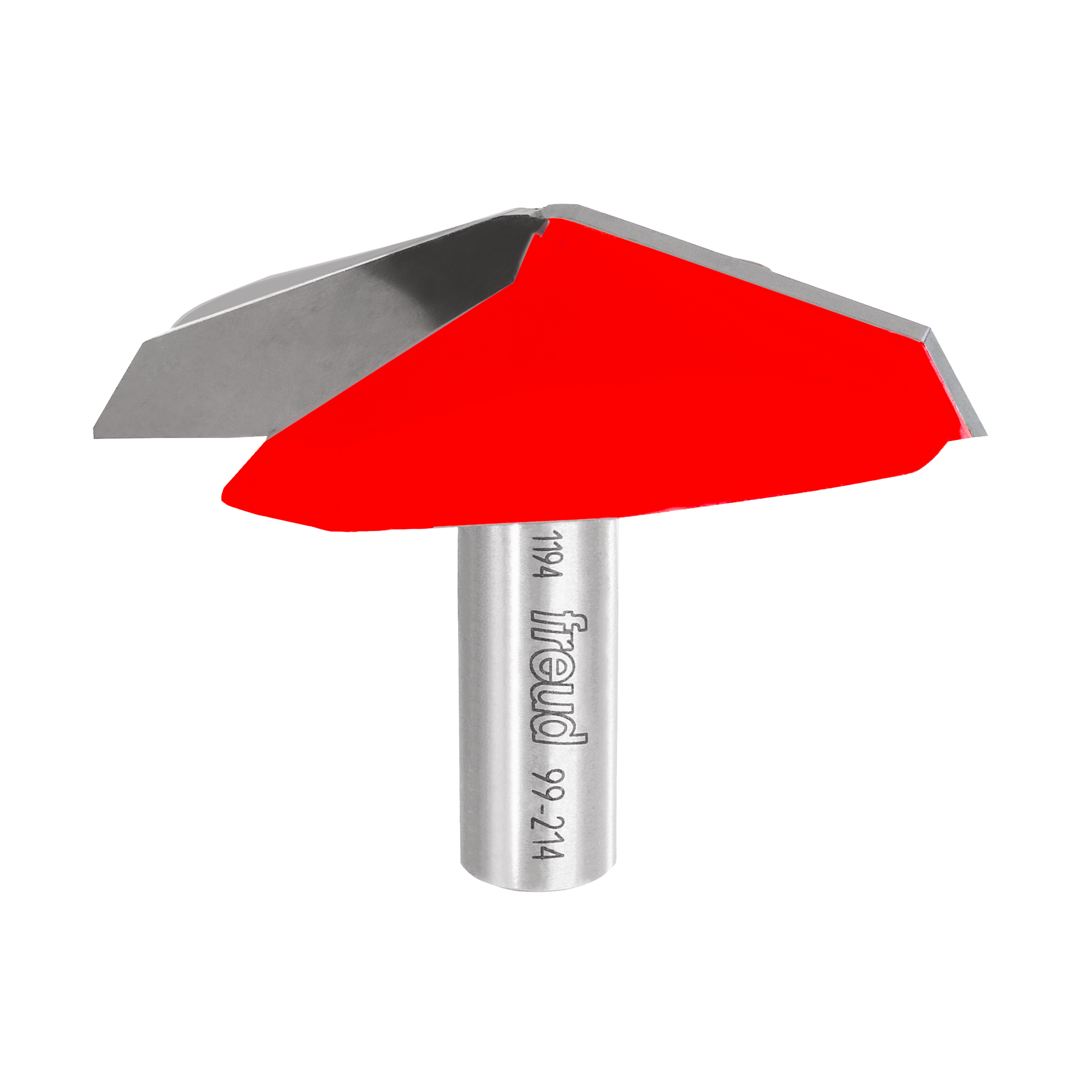 Red and gray French Provincial raised panel router bit with metal shank and engraved branding.