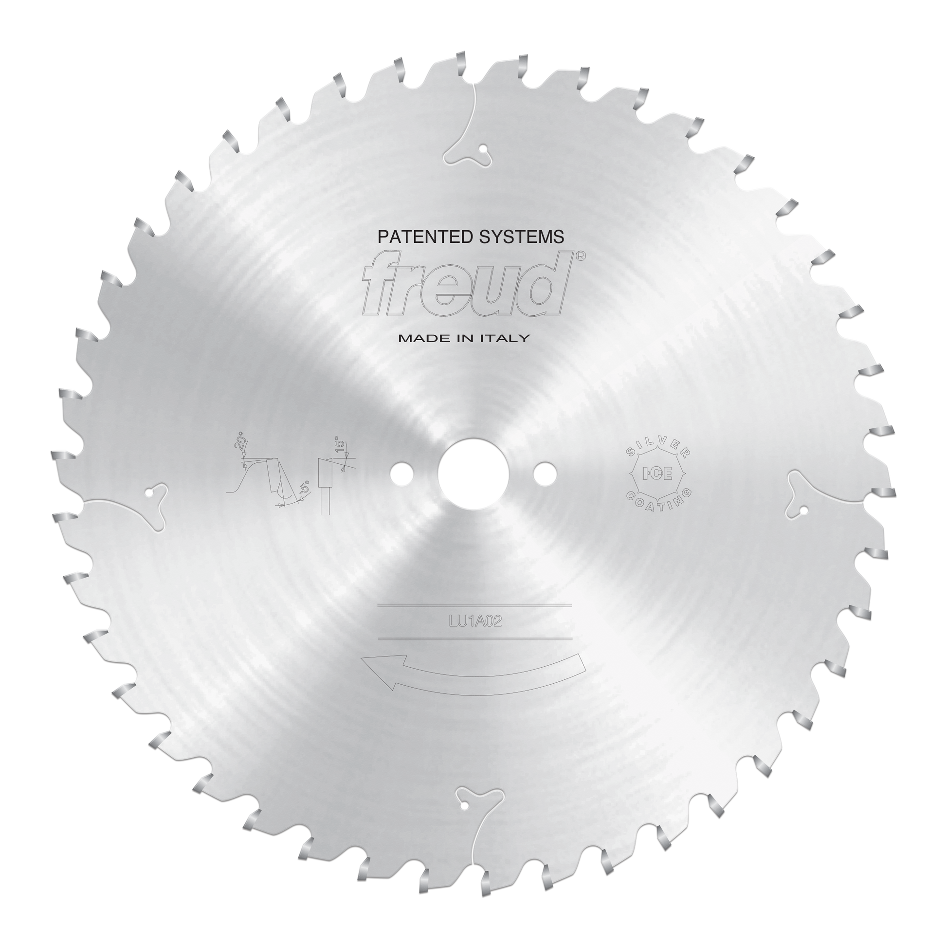 Circular carbide-tipped saw blade with gray teeth around perimeter, center hole, and "Freud" branding, made in Italy.