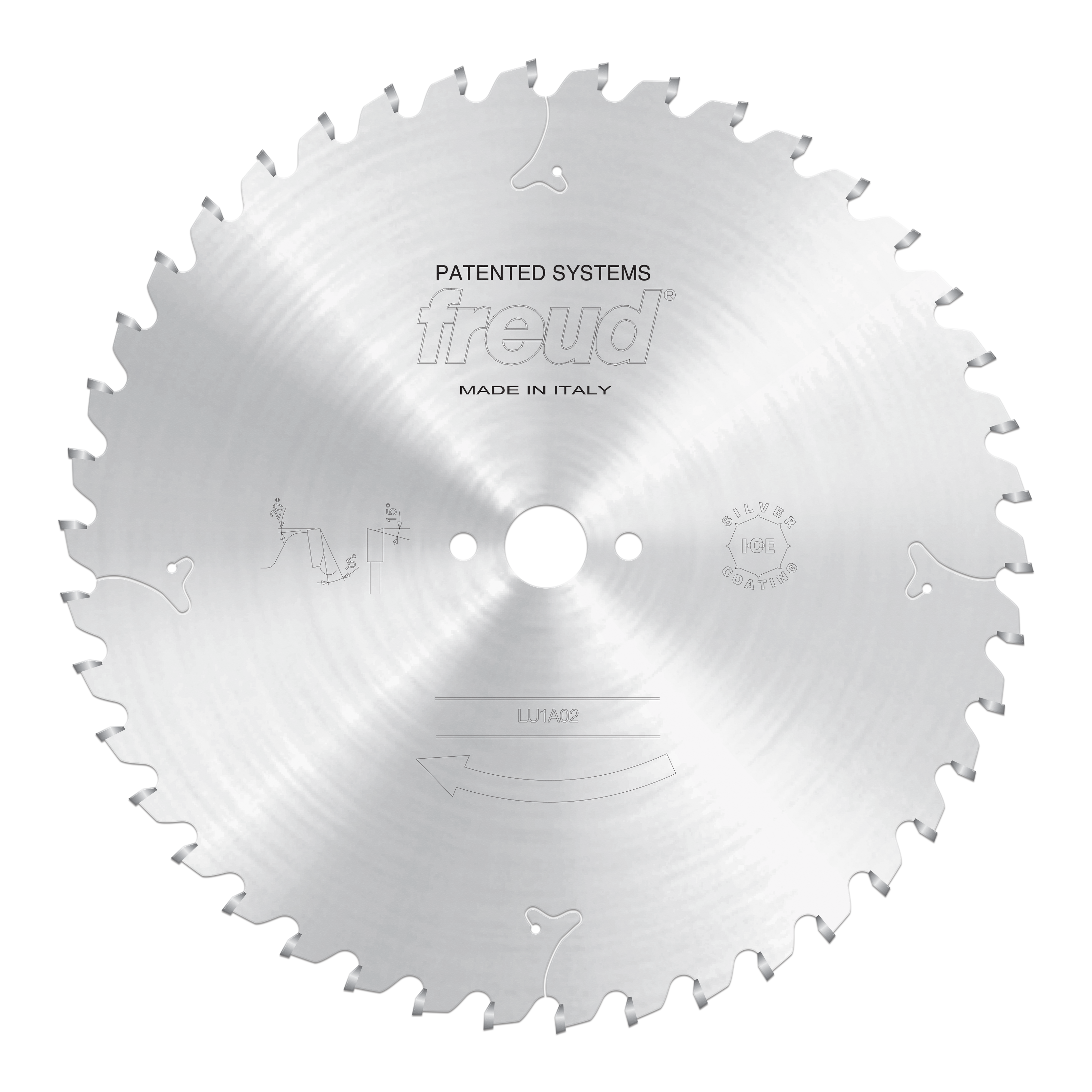 Circular carbide-tipped saw blade with gray teeth around perimeter, center hole, and "Freud" branding, made in Italy.