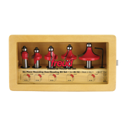 Five red router bits with silver shanks and black bearings displayed in tan wooden case with instruction diagrams.