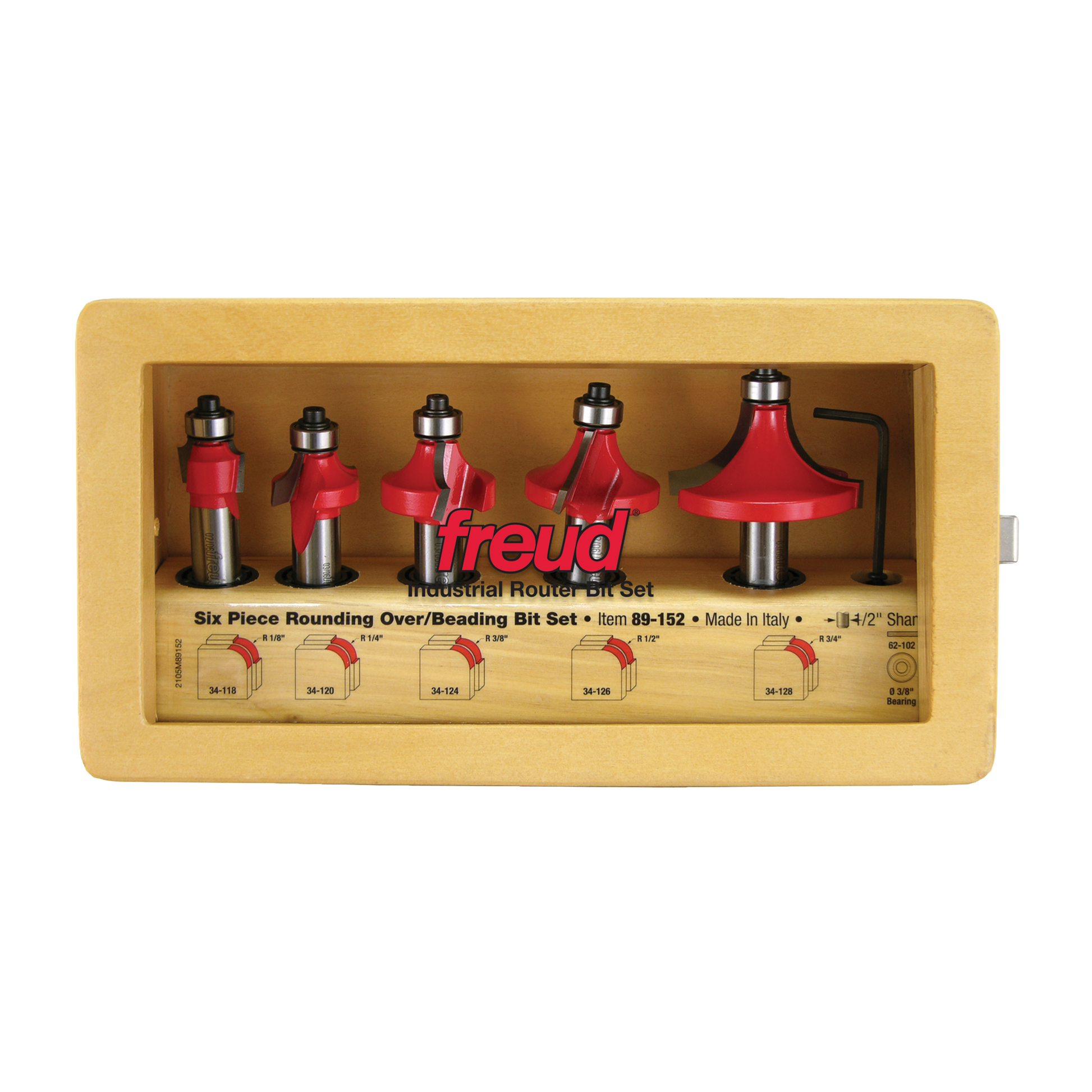 Five red router bits with silver shanks and black bearings displayed in tan wooden case with instruction diagrams.