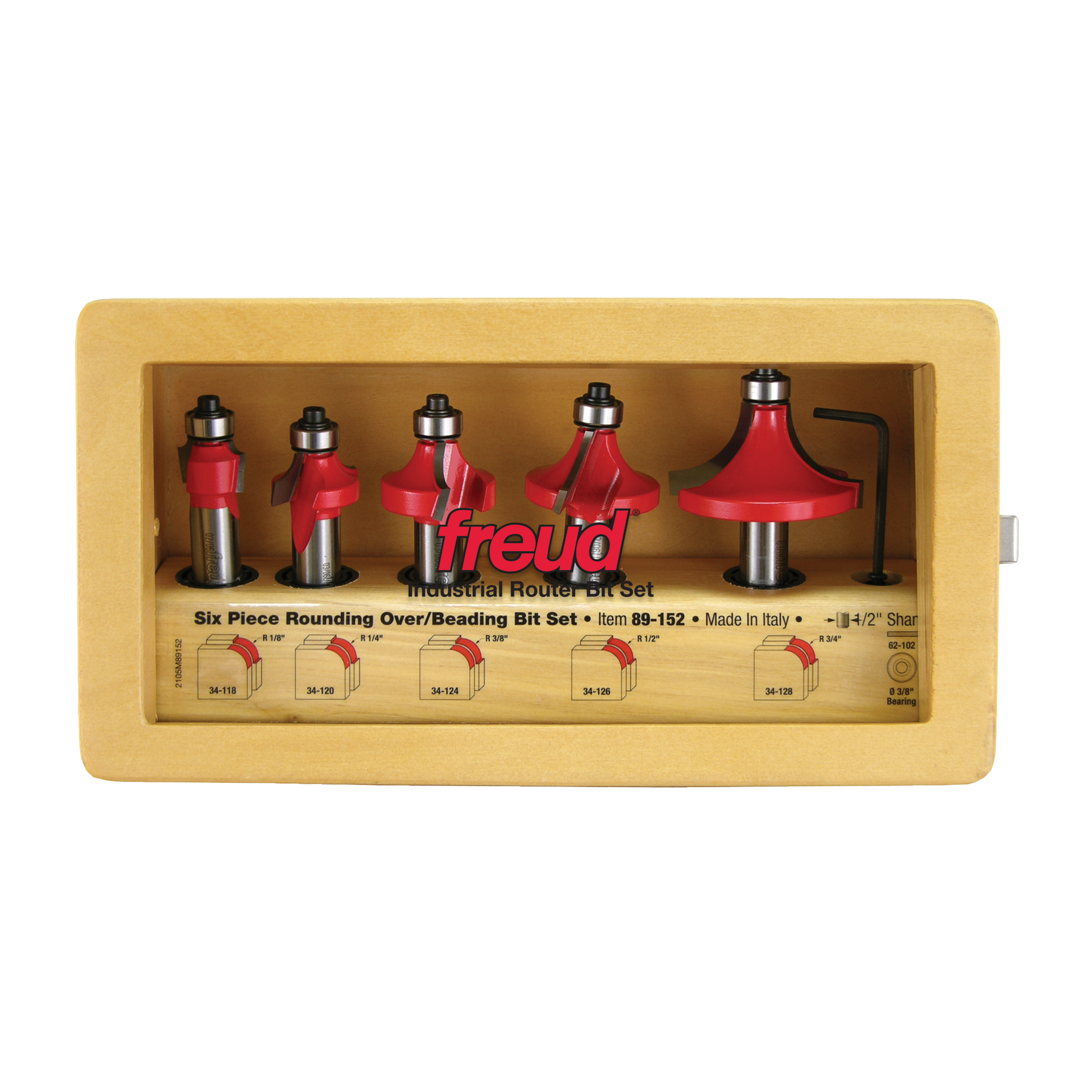 Five red router bits with silver shanks and black bearings displayed in tan wooden case with instruction diagrams.