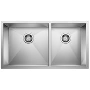 Stainless steel double bowl undermount sink with two drain strainers and angled bowl bases.