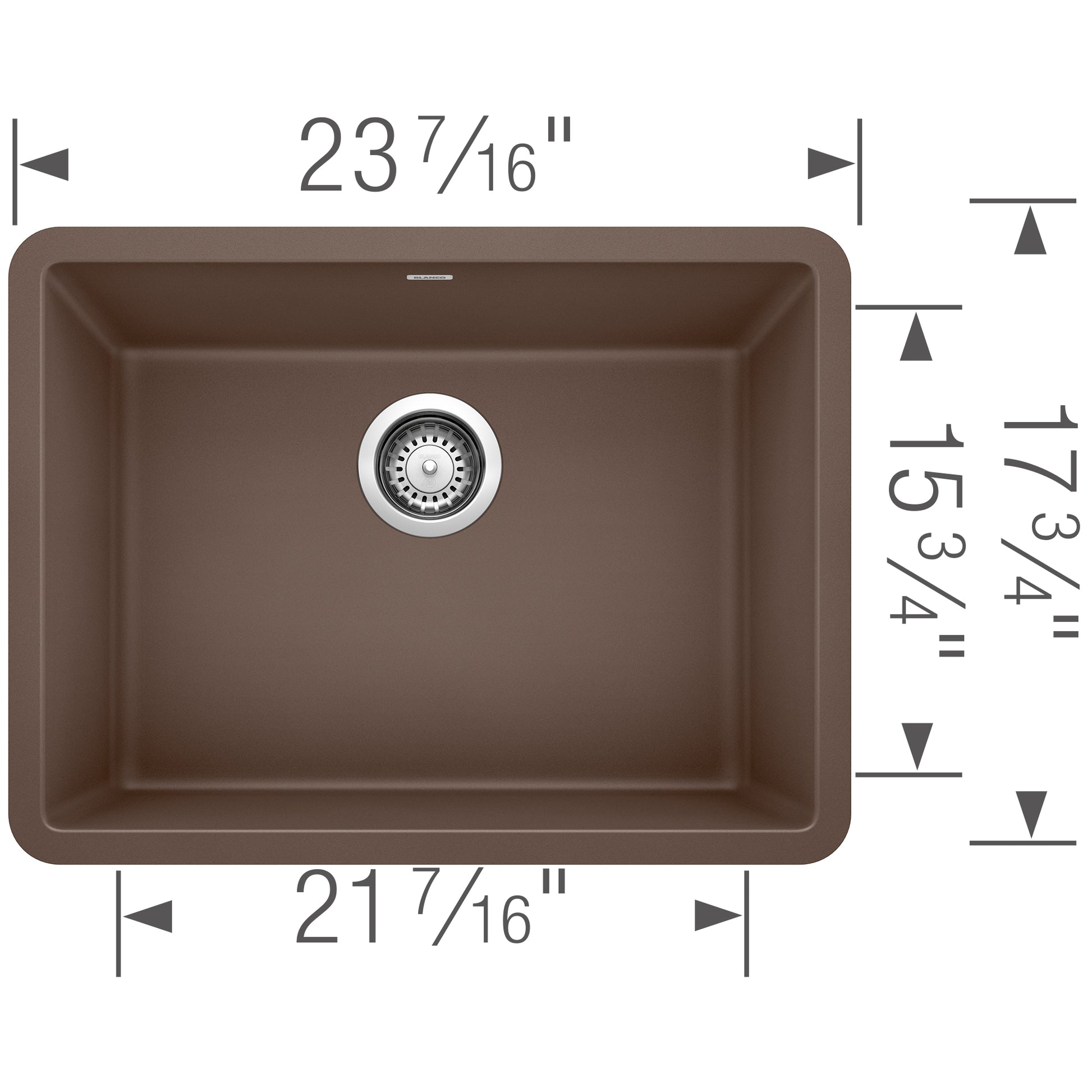 Cafe brown single bowl undermount sink with chrome drain and dimension measurements.