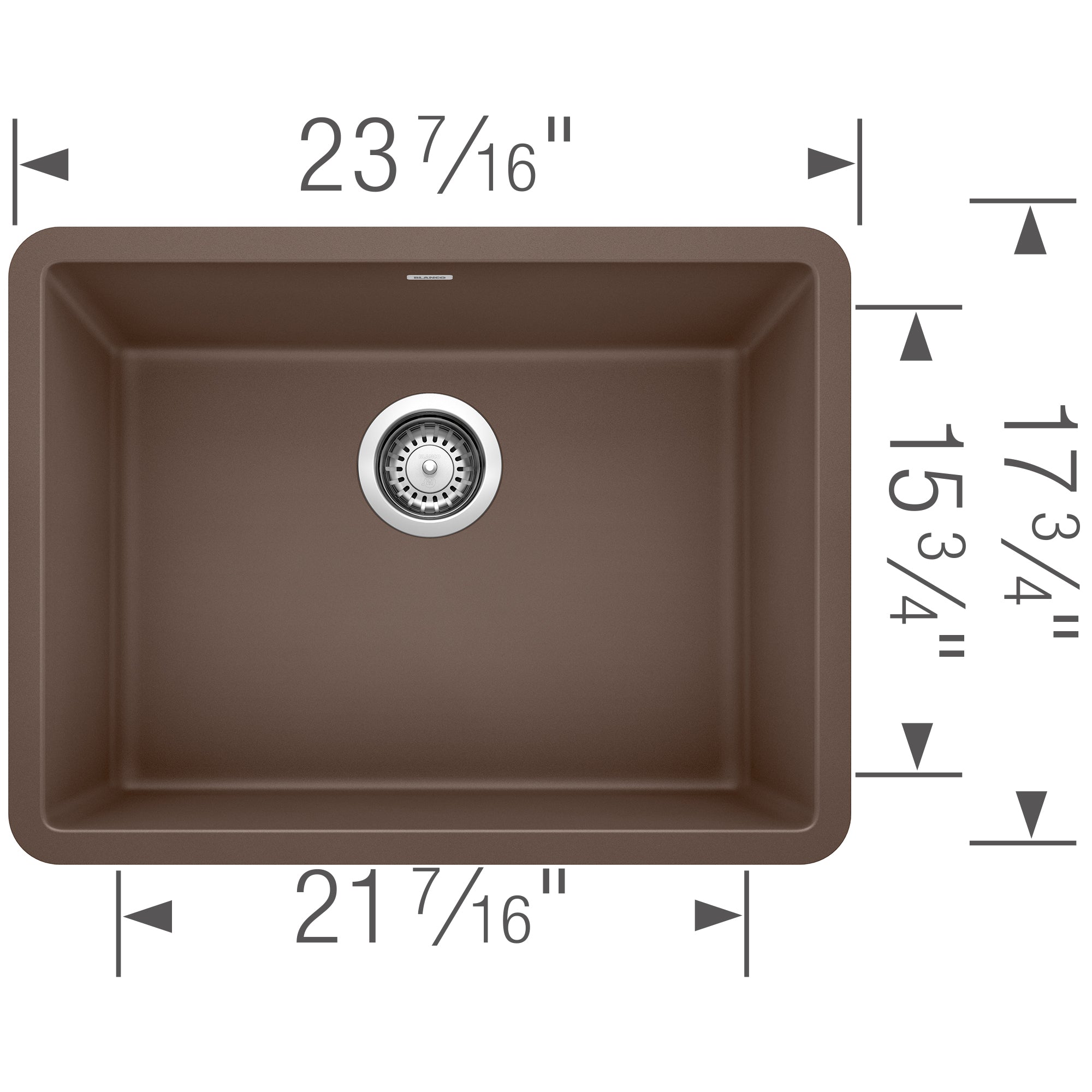 Cafe brown single bowl undermount sink with chrome drain and dimension measurements.
