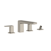 Brushed nickel two-handle roman tub filler with deck-mount spout and detachable handshower on right.