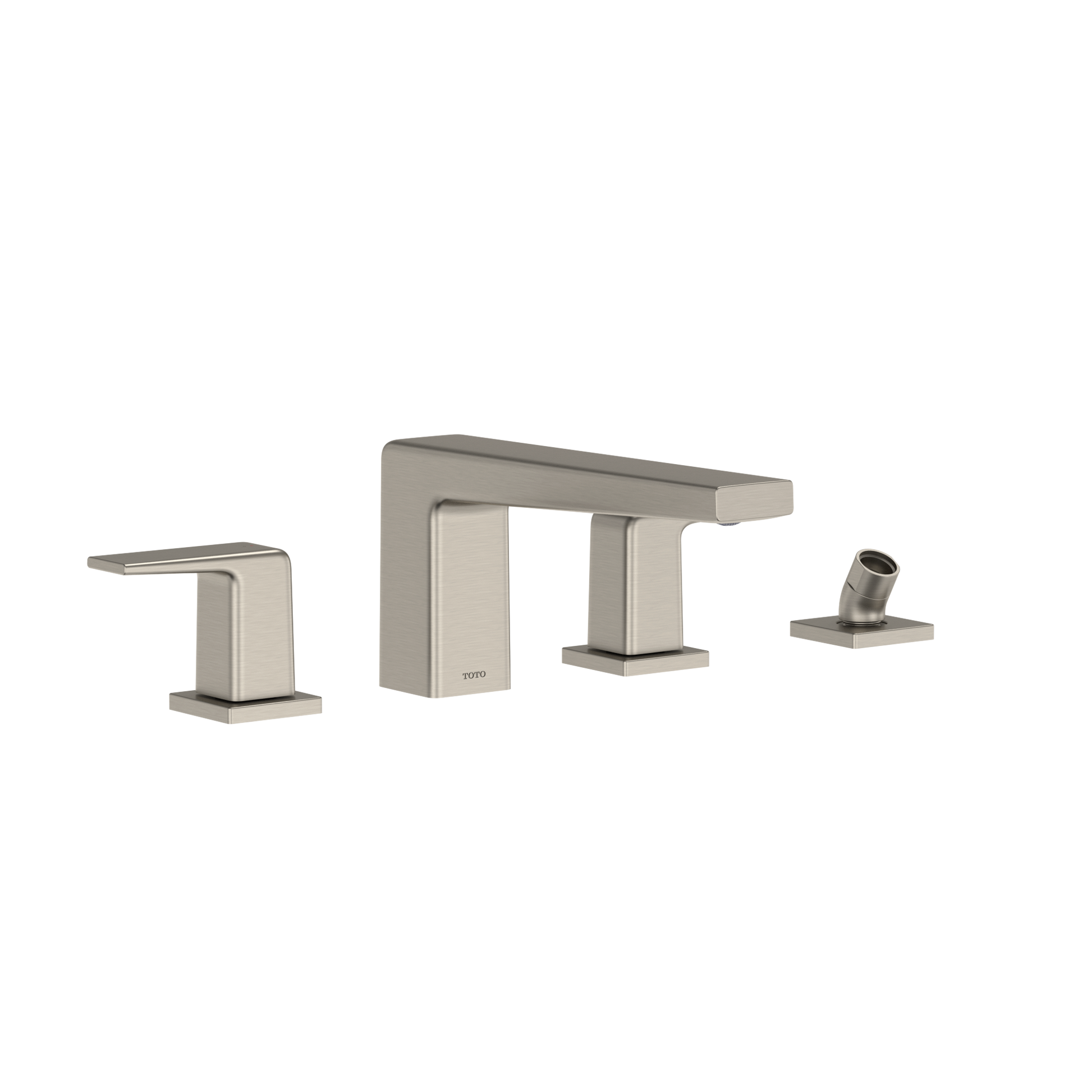 Brushed nickel two-handle roman tub filler with deck-mount spout and detachable handshower on right.