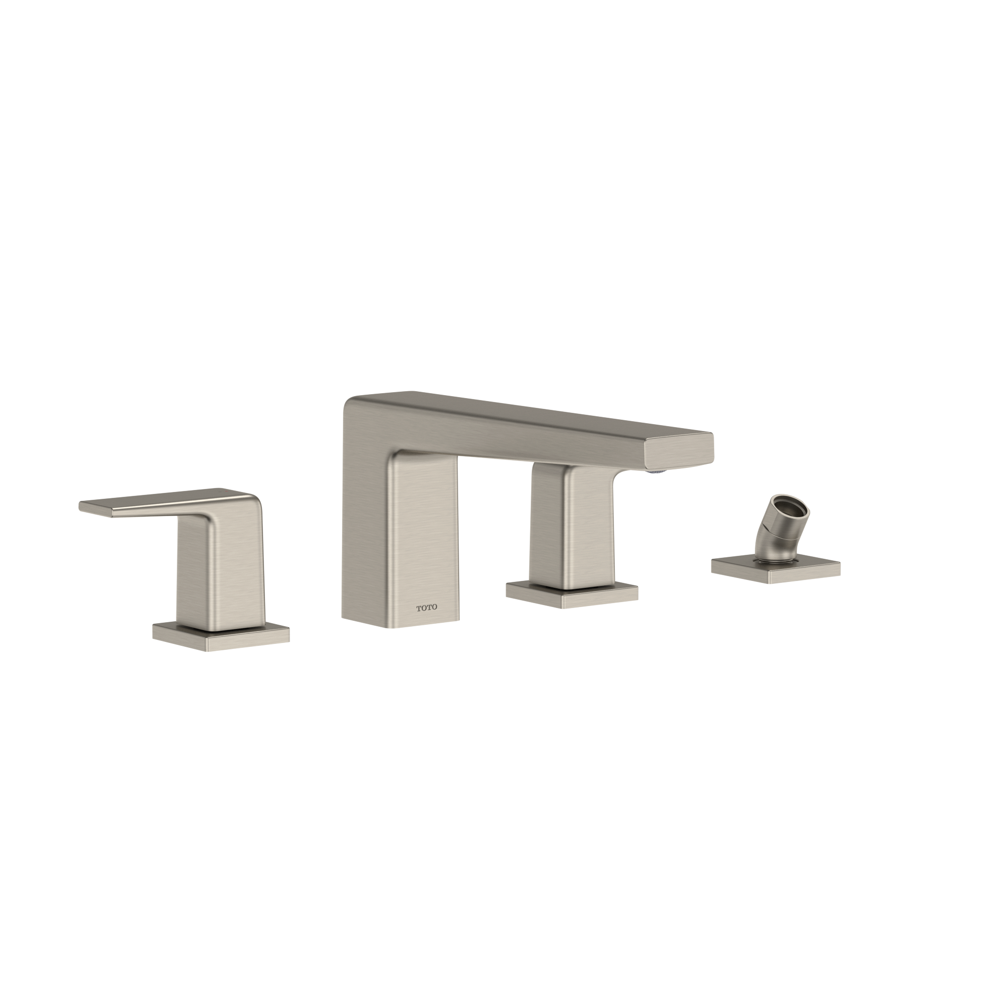 Brushed nickel two-handle roman tub filler with deck-mount spout and detachable handshower on right.