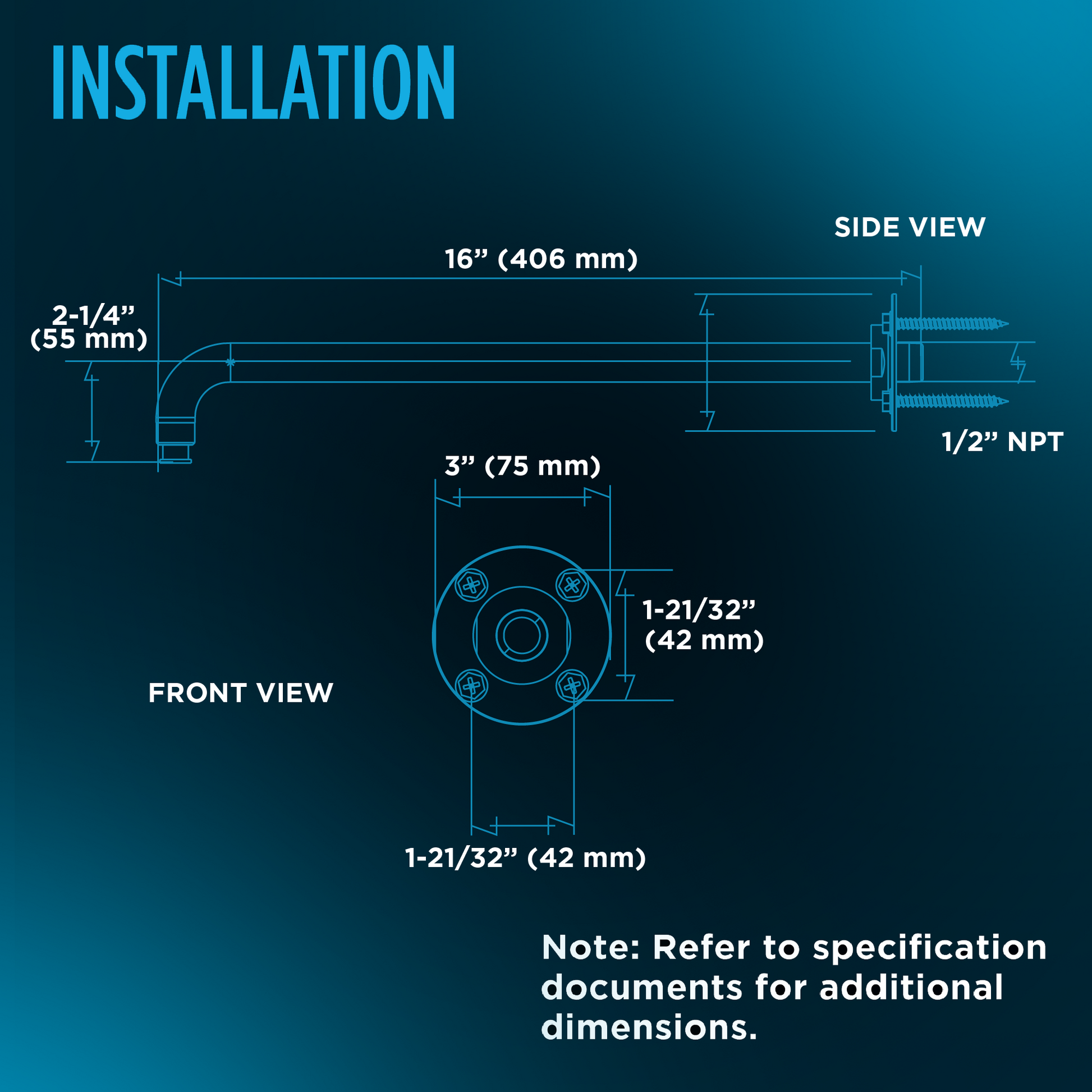 Brushed nickel wall-mounted shower arm with 16-inch reach and 1/2" NPT connection, shown in technical installation diagram wi