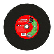 Black circular masonry cutting disc with red and green Diablo label indicating 14-inch diameter and masonry cutting specifica