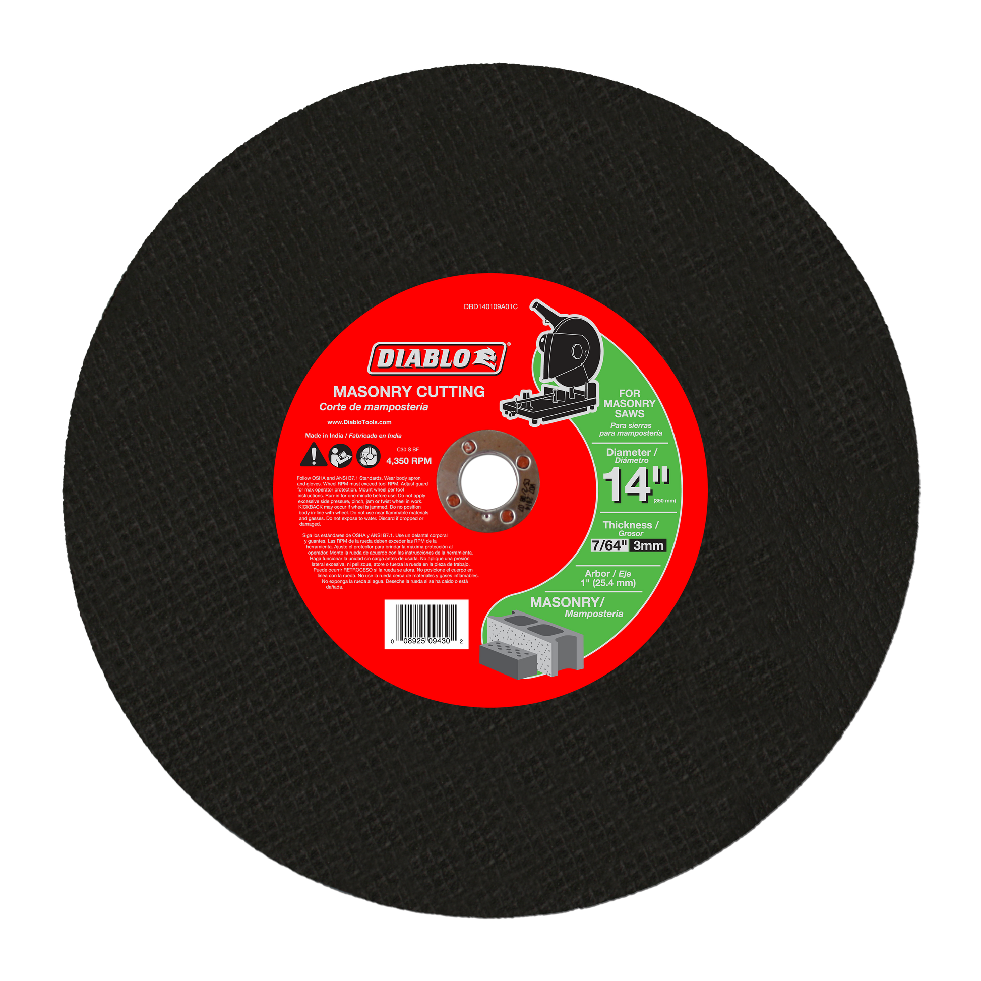 Black circular masonry cutting disc with red and green Diablo label indicating 14-inch diameter and masonry cutting specifica