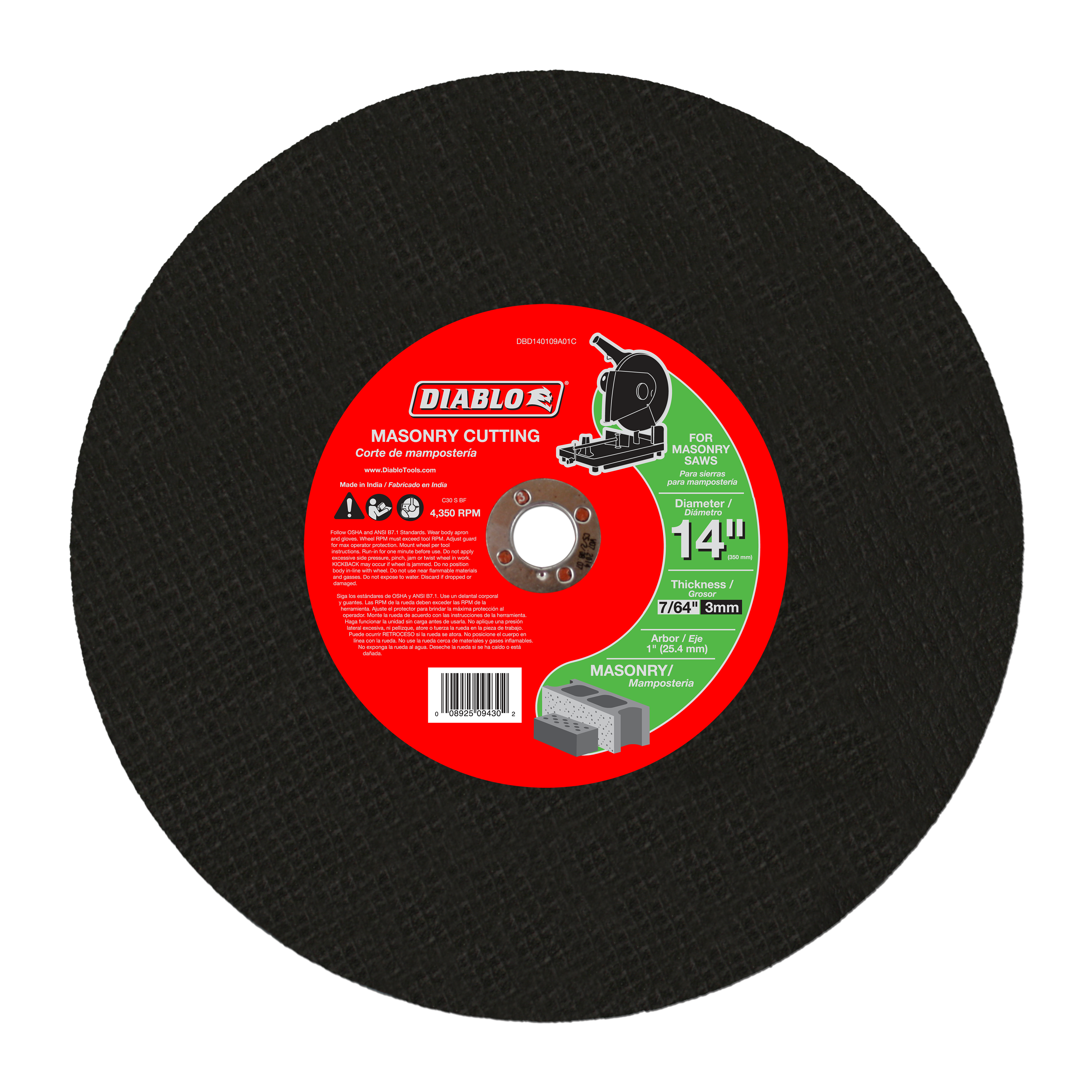 Black circular masonry cutting disc with red and green Diablo label indicating 14-inch diameter and masonry cutting specifica