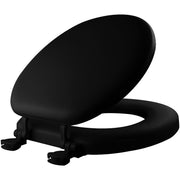 Black round cushioned vinyl toilet seat with hinges and fastening hardware visible from the side.