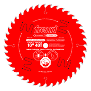 Freud 10" circular saw blade with 40 teeth, red body, gray-tipped teeth, and white center markings.