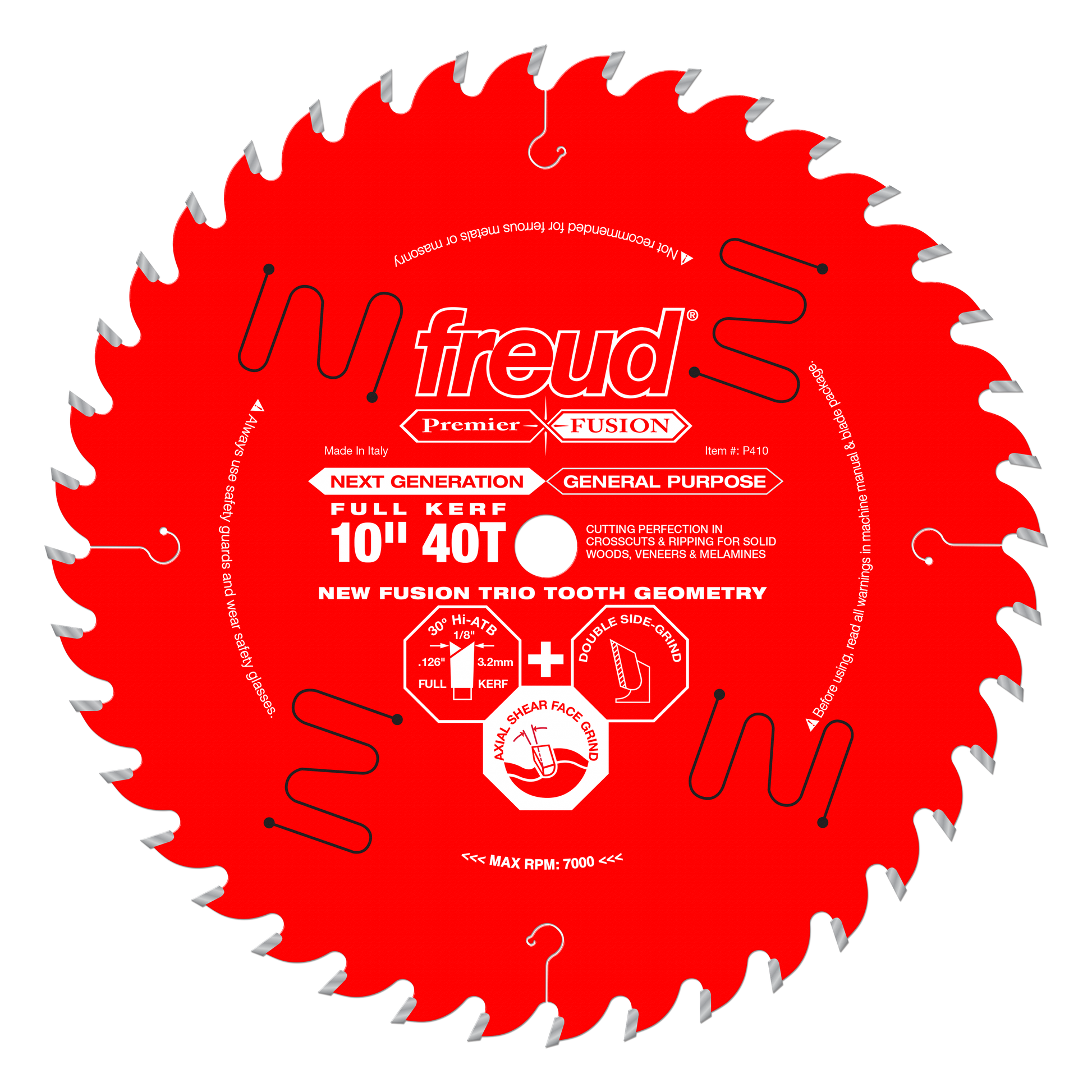Freud 10" circular saw blade with 40 teeth, red body, gray-tipped teeth, and white center markings.