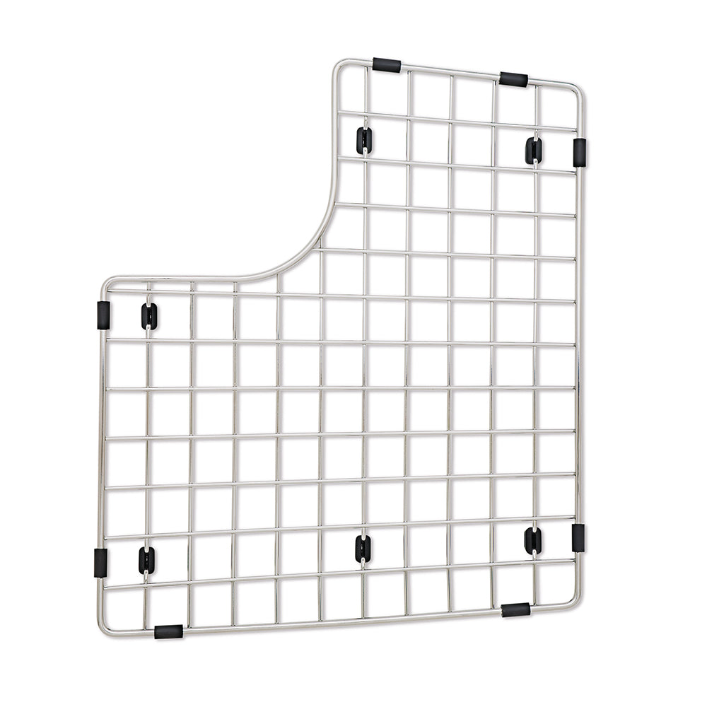 Stainless steel sink grid with square wire pattern and black rubber feet for corner and edge placement.