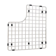 Stainless steel sink grid with square wire pattern and black rubber feet for corner and edge placement.